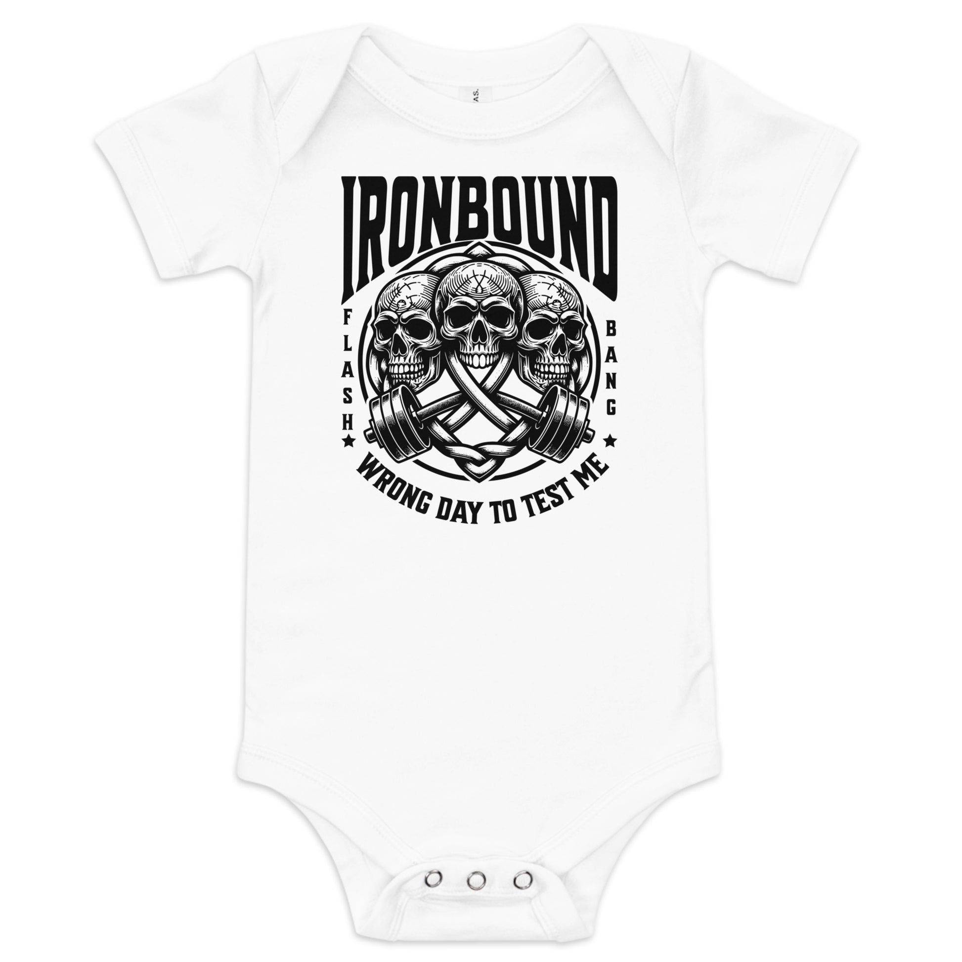 White baby onesie with skull design and text on a white background