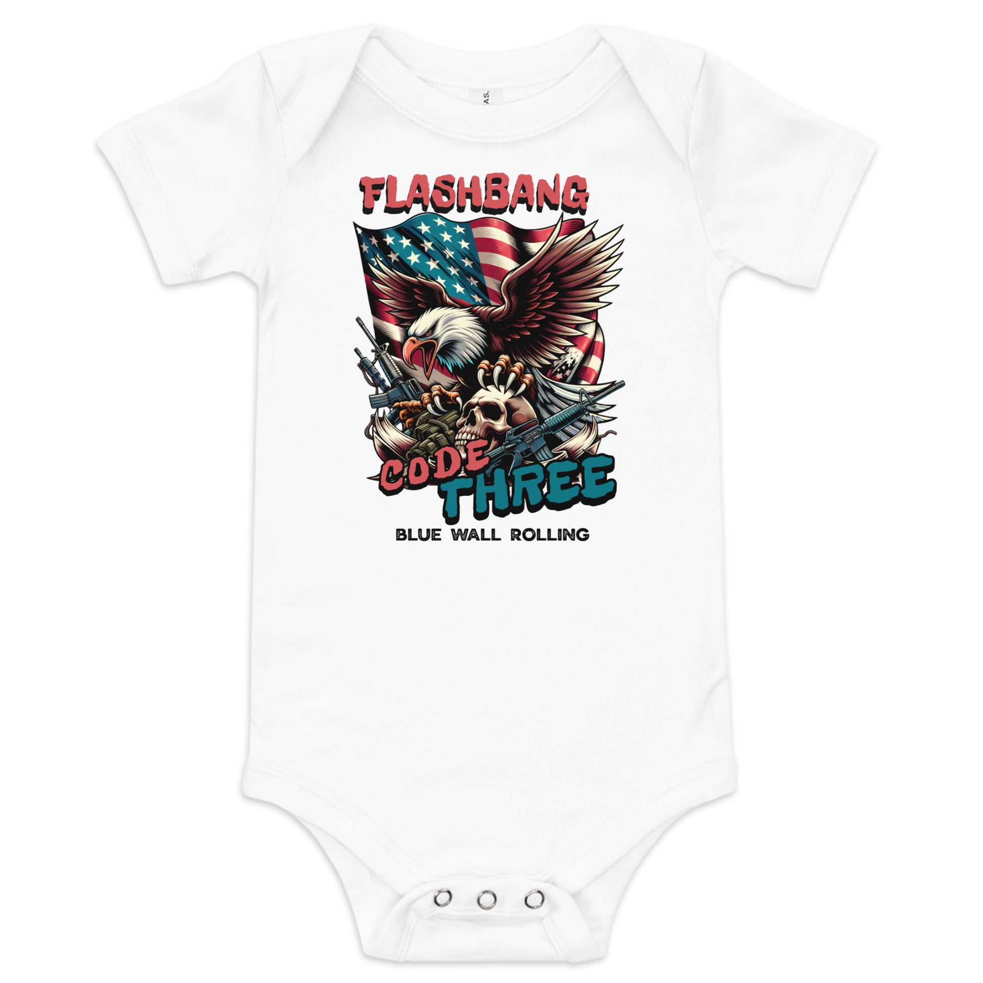 White baby onesie with graphic design featuring an eagle, American flag, and text on a white background