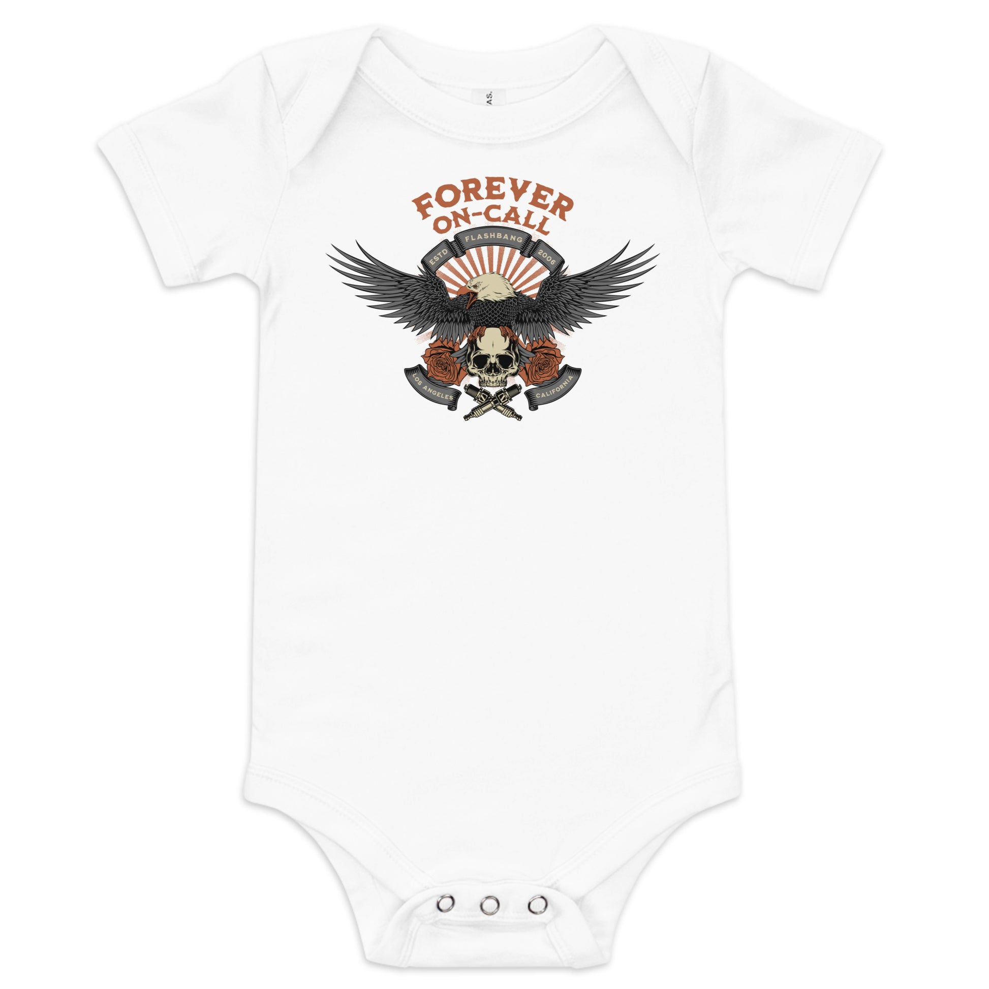 White baby onesie with skull and crossbones design and 'Forever On Call' text on a white background