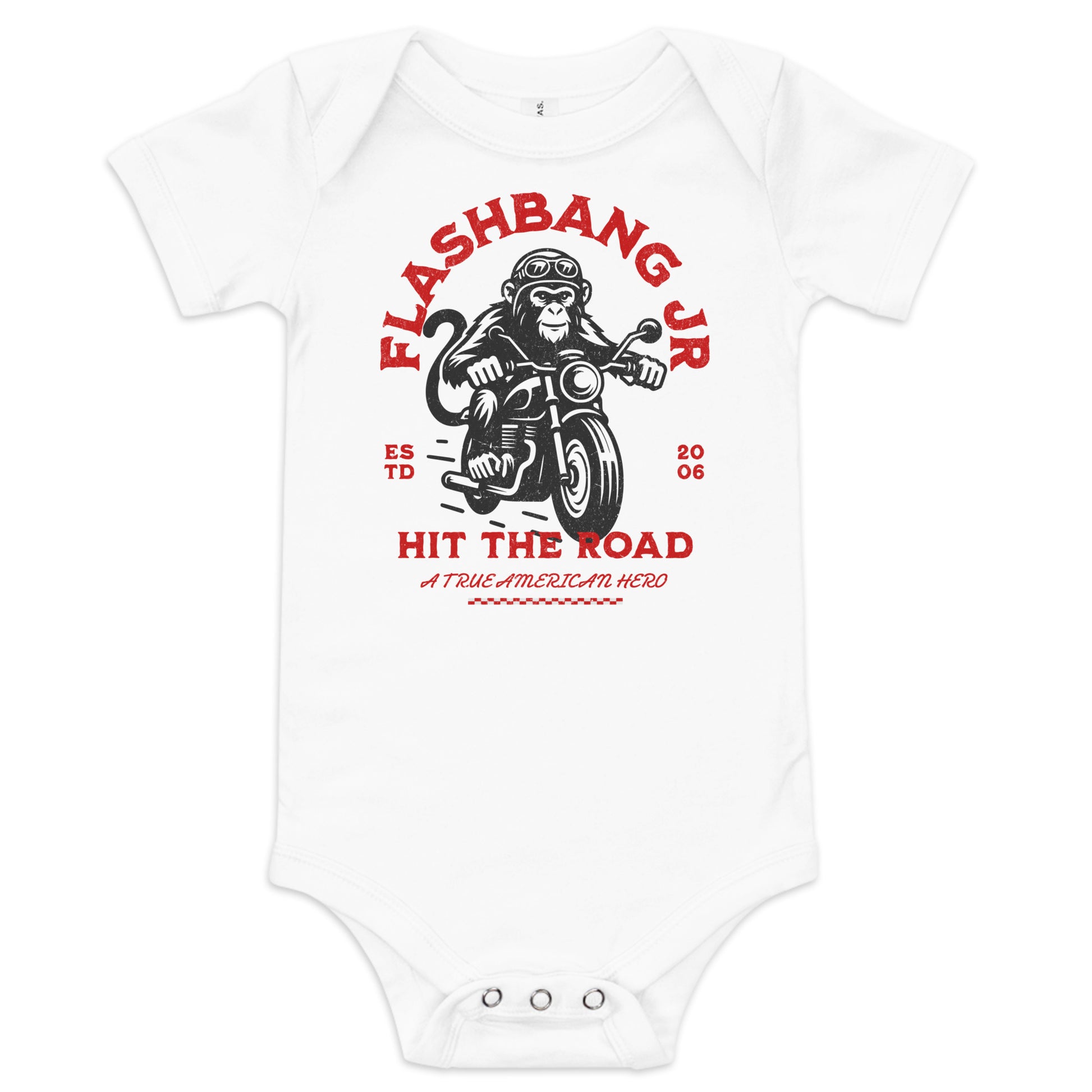 White baby onesie with red and black graphic design on a white background