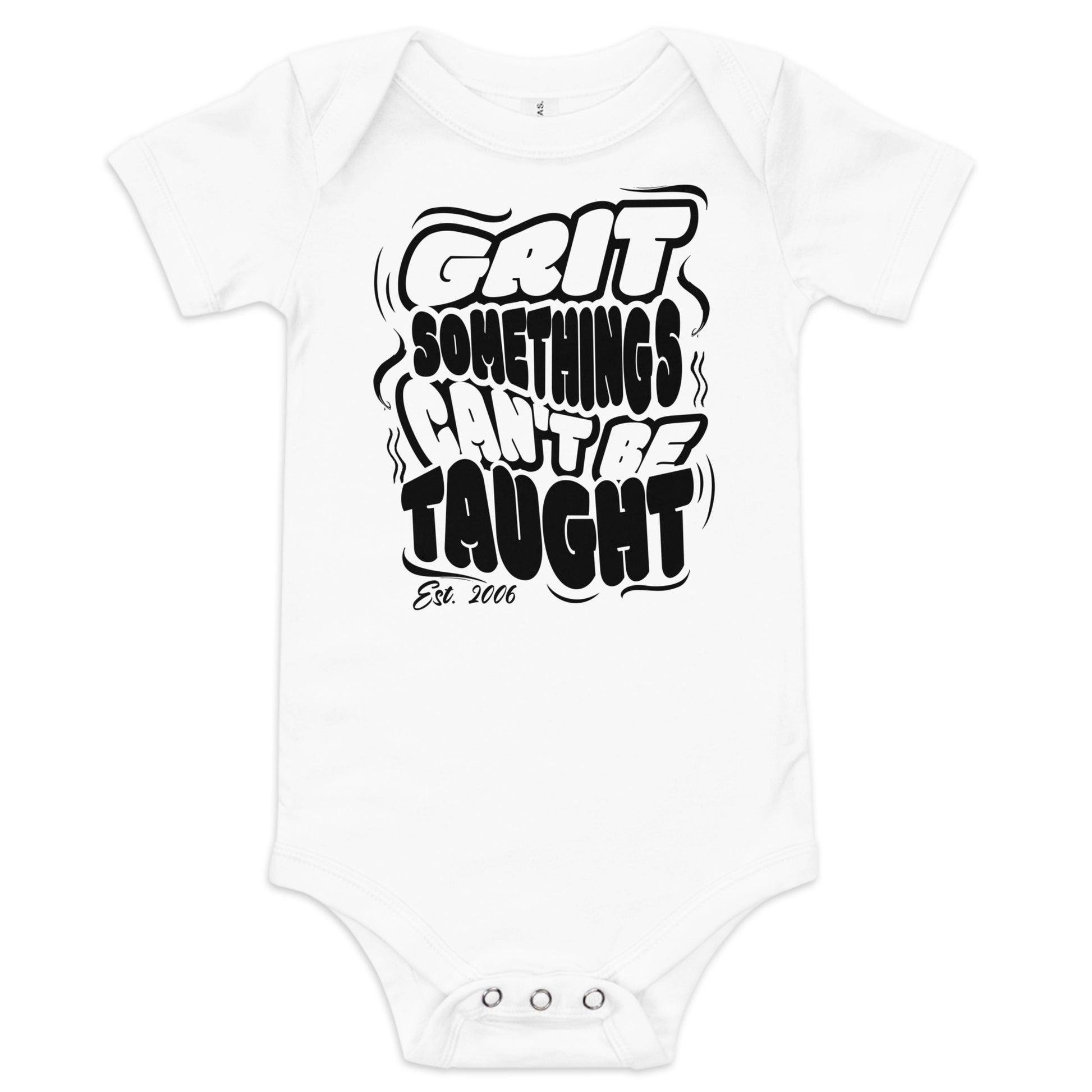 White baby onesie with black text on a white background