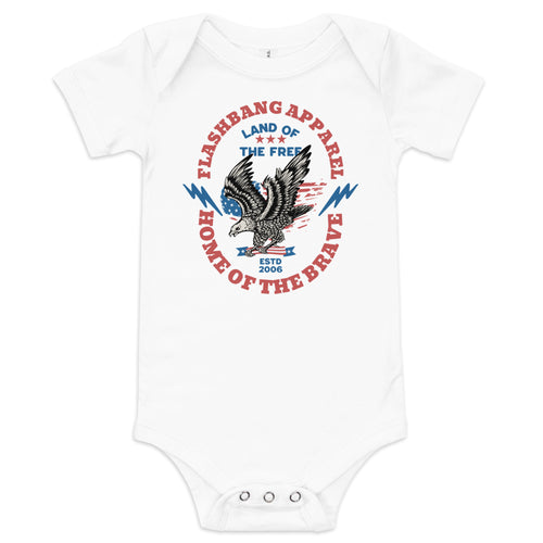 White baby onesie with patriotic design and text on a white background