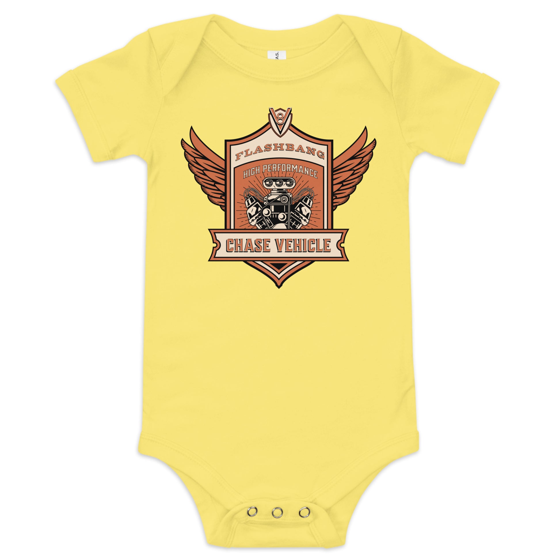Yellow baby onesie with a graphic design on a white background