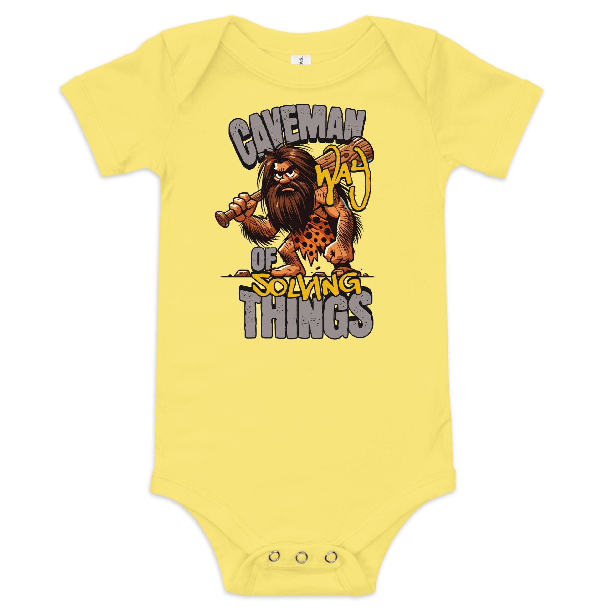 Yellow baby onesie with a caveman graphic and text on a white background