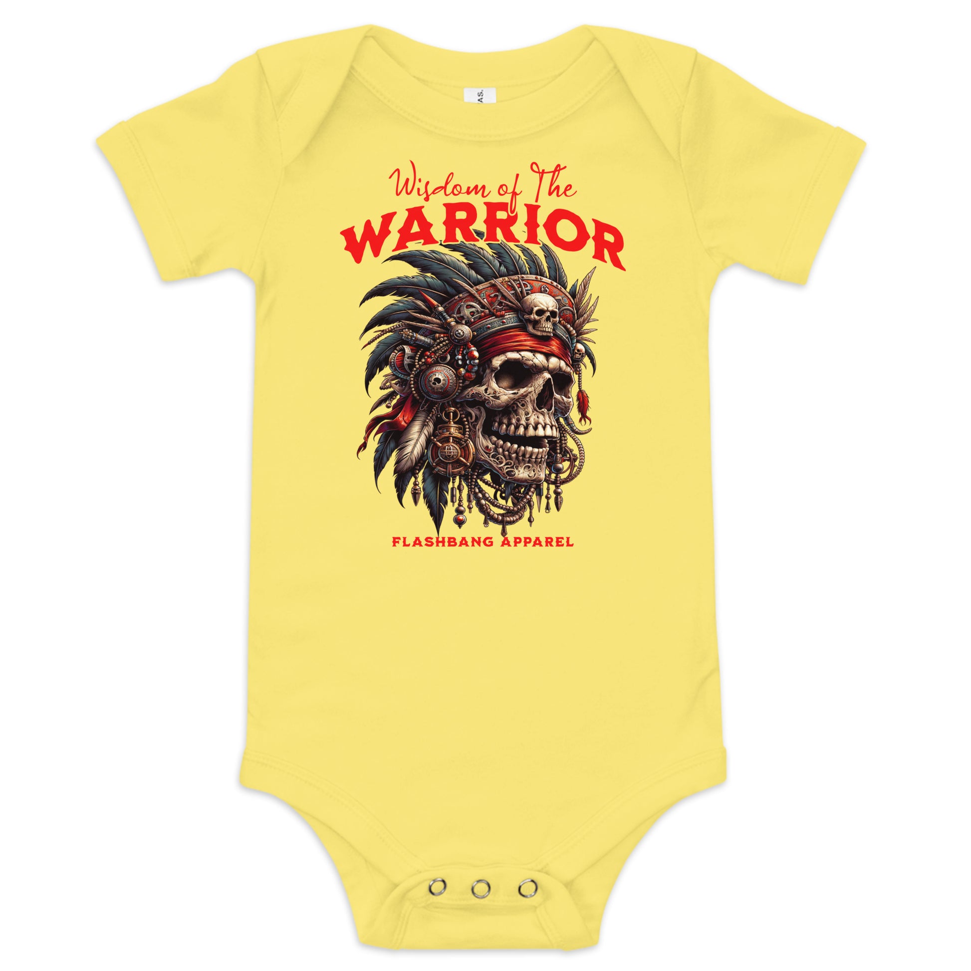 Yellow baby onesie with a warrior-themed design and 'Flashbang Apparel' branding.