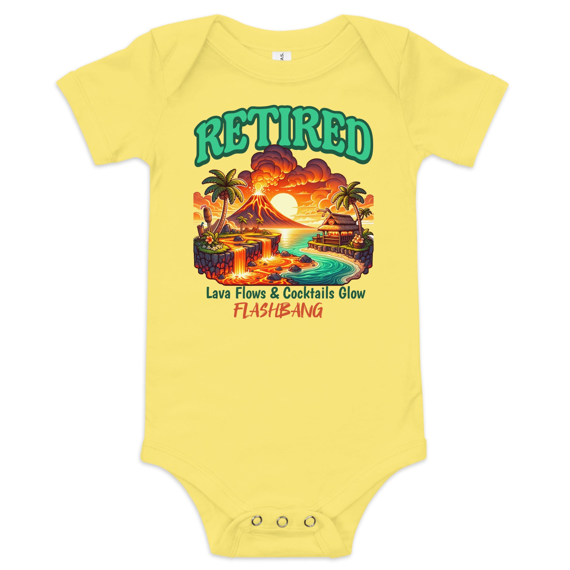 Yellow baby onesie with a tropical design and text on a white background