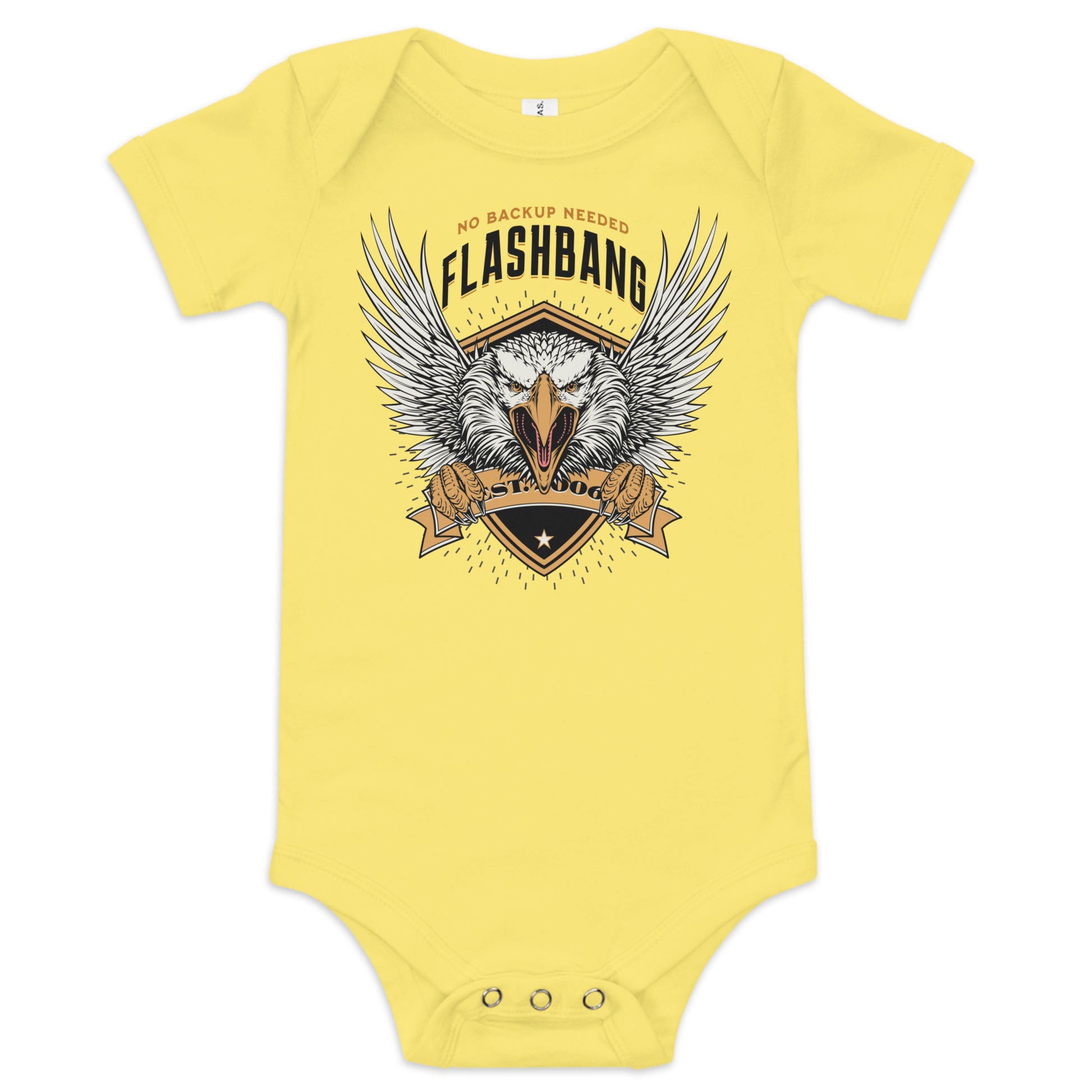 Yellow baby onesie with an eagle design and text on a white background