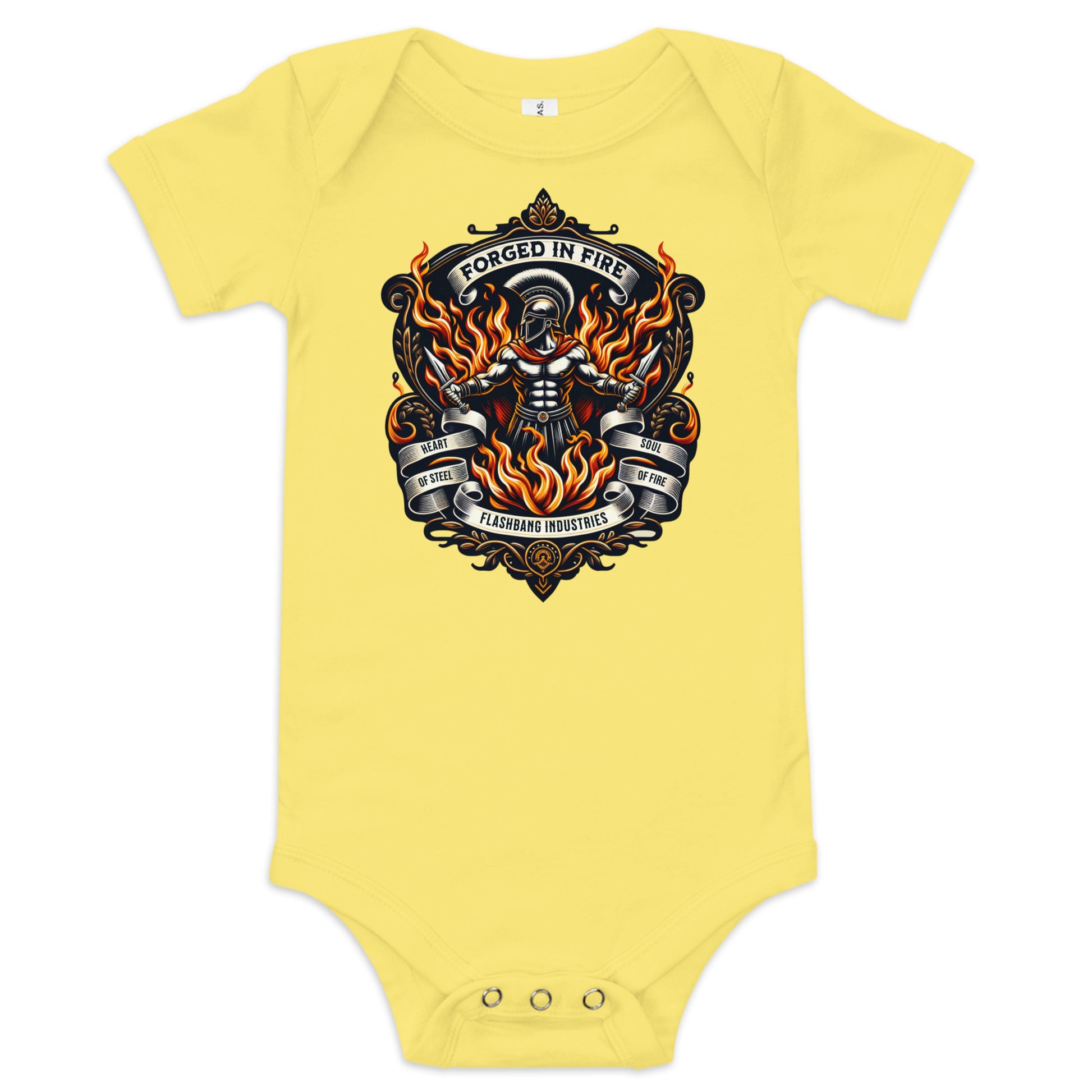 Yellow baby onesie with a graphic design on a white background
