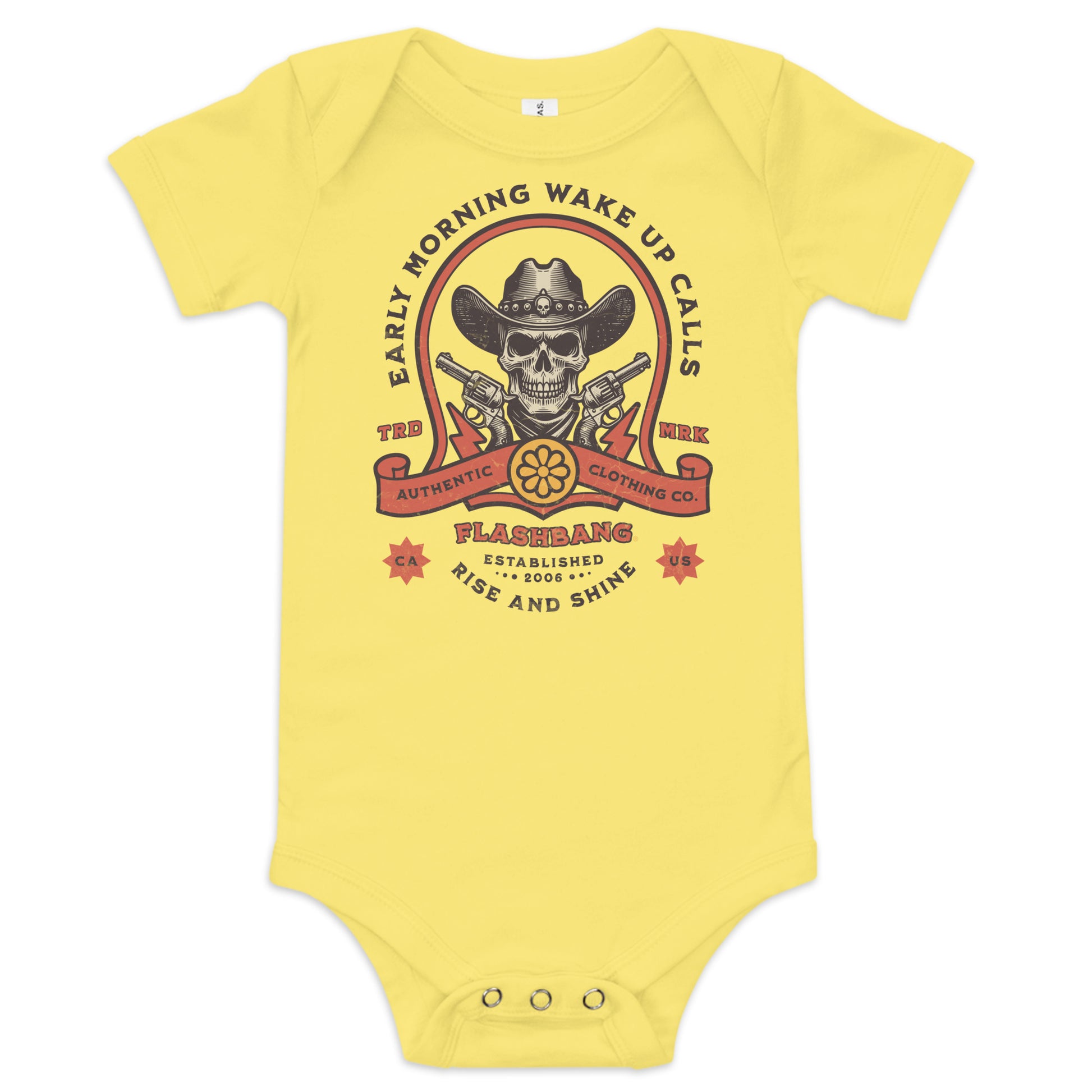 Yellow baby onesie with a graphic design featuring a skull and text on a white background