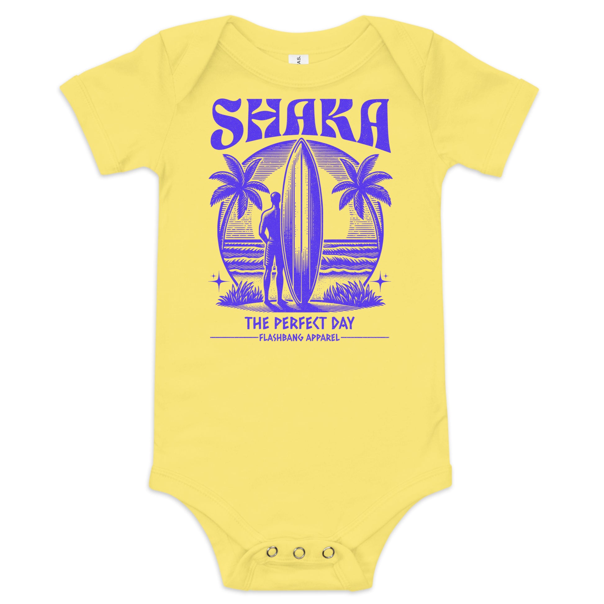 Yellow baby onesie with purple graphic design featuring a surfer, palm trees, and text on a white background.