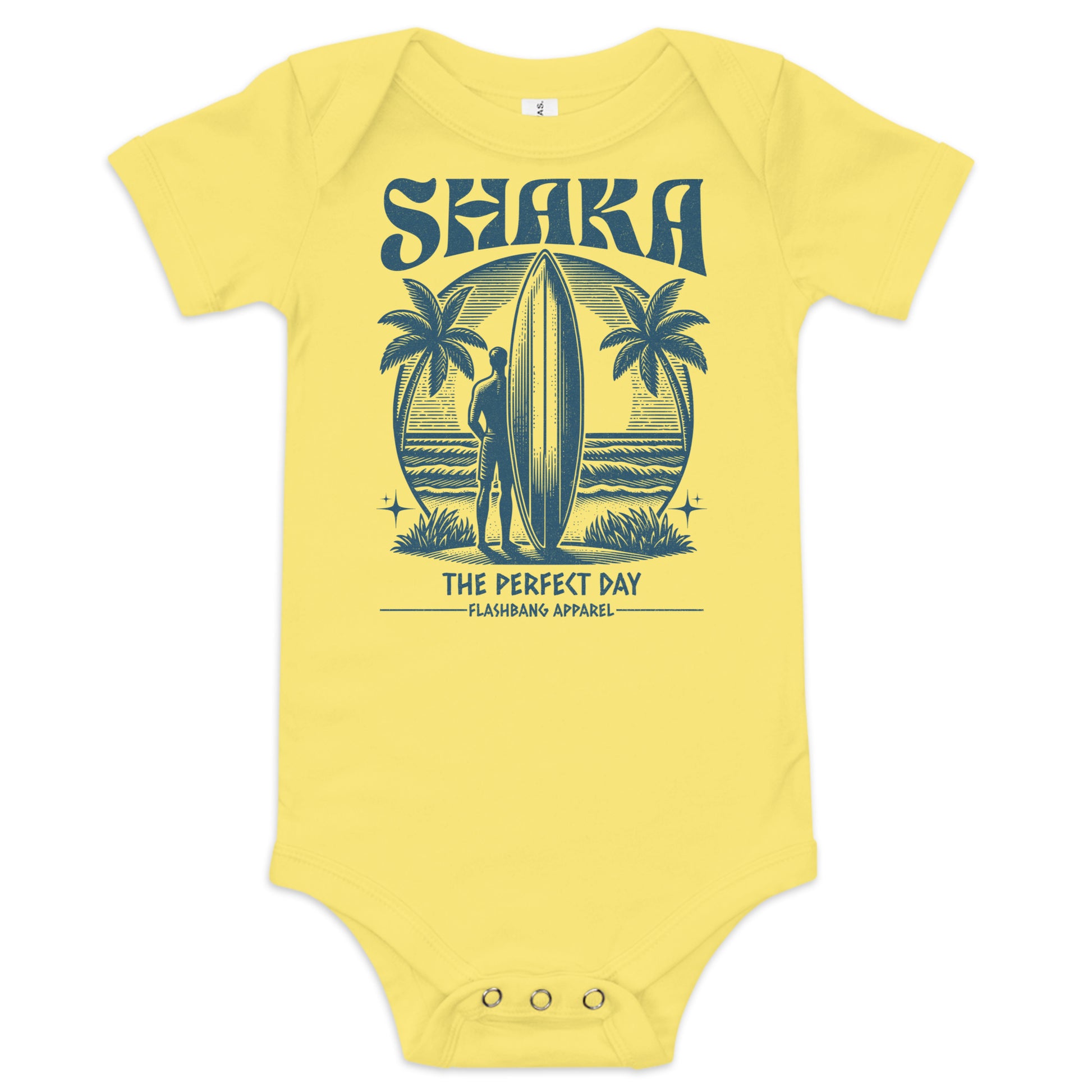 Yellow baby onesie with a graphic design of a surfer and palm trees on a white background