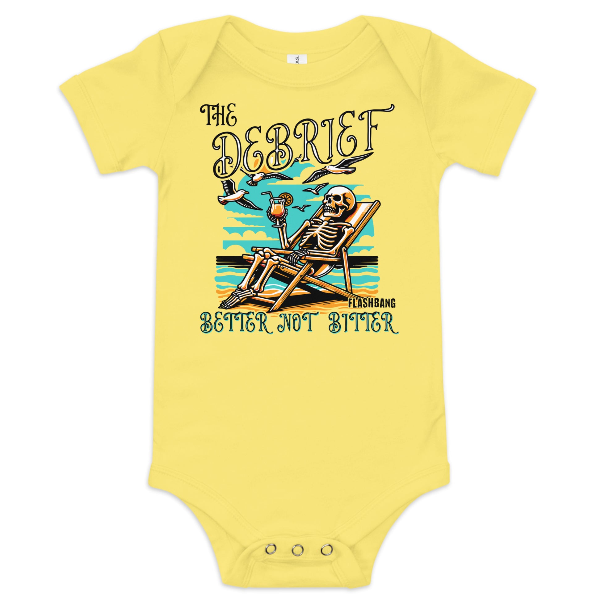 Yellow baby onesie with skeleton design and text on a white background