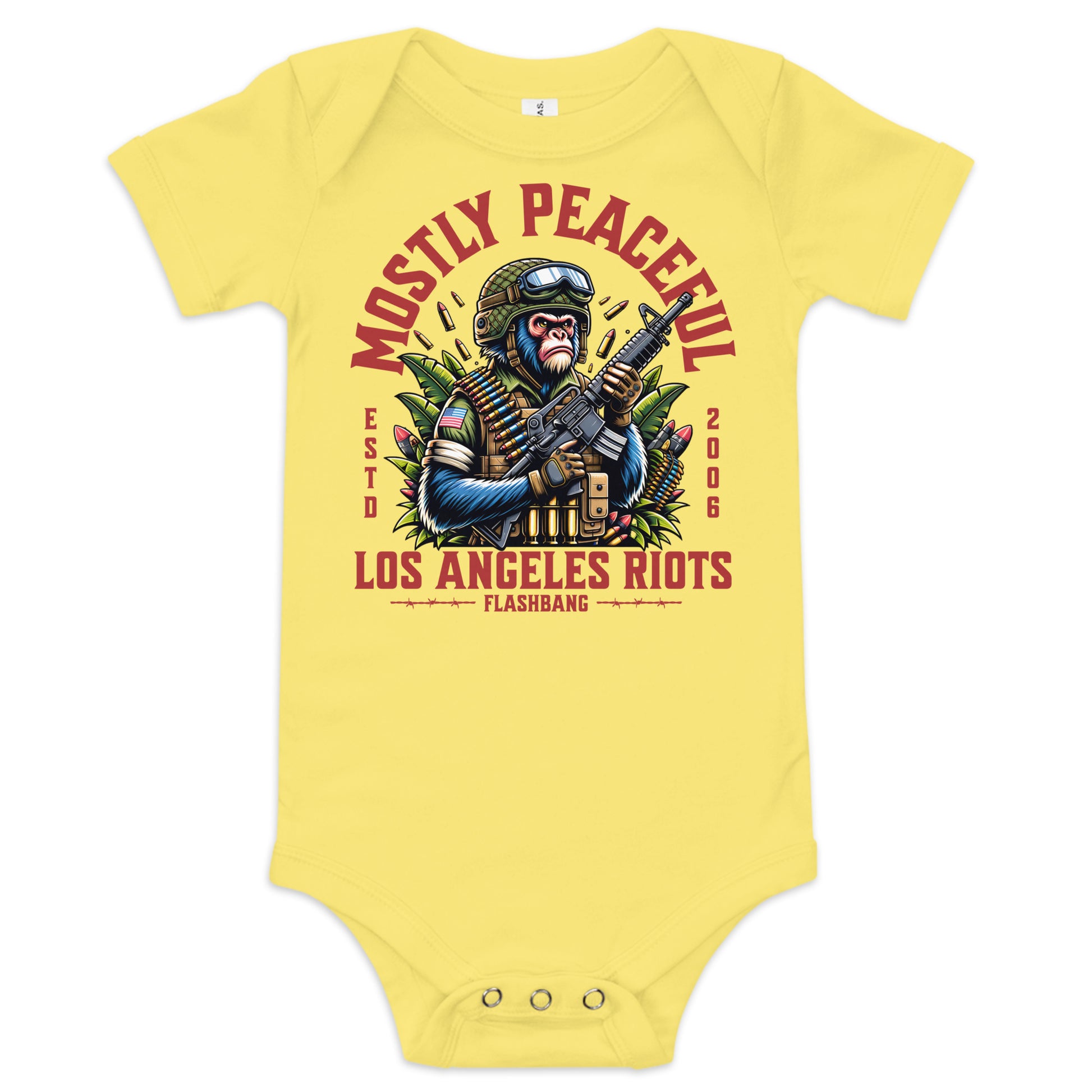 Yellow baby onesie with a graphic design of a monkey holding a gun and text on a white background
