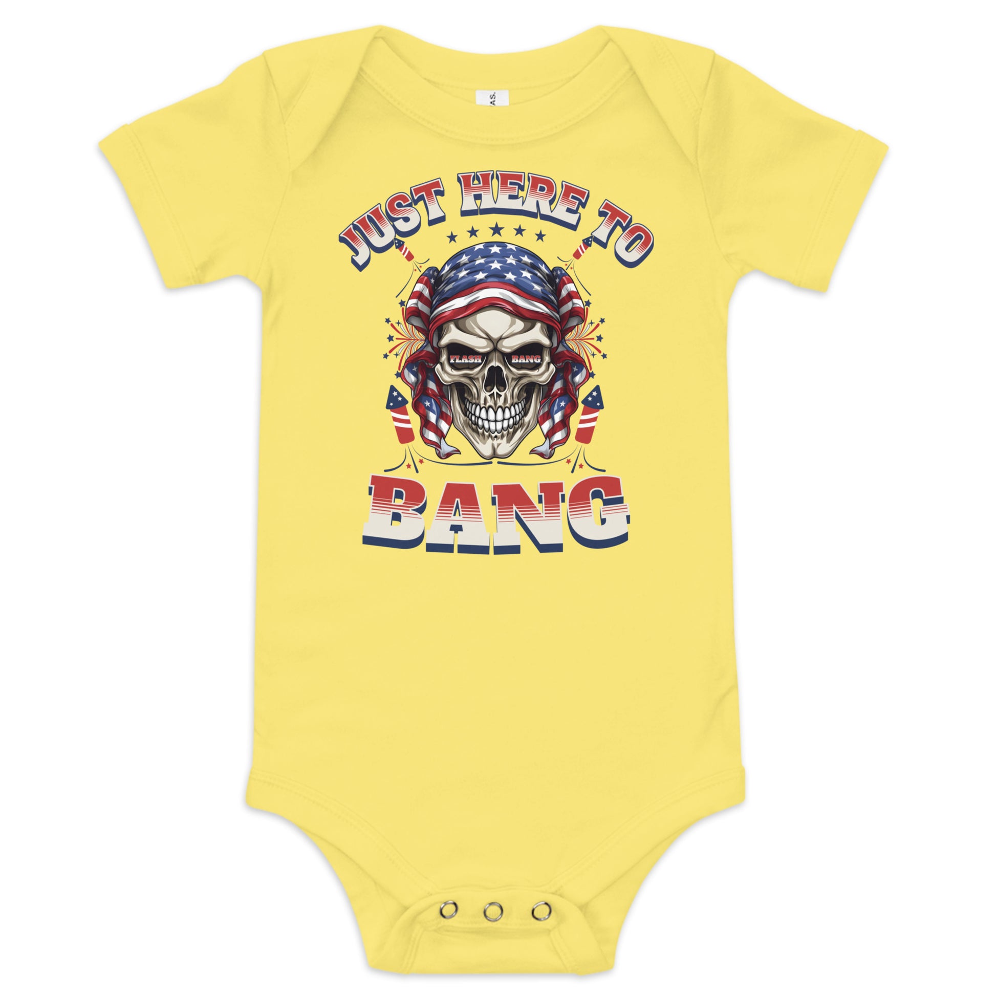 Yellow baby onesie with skull design and text on a white background