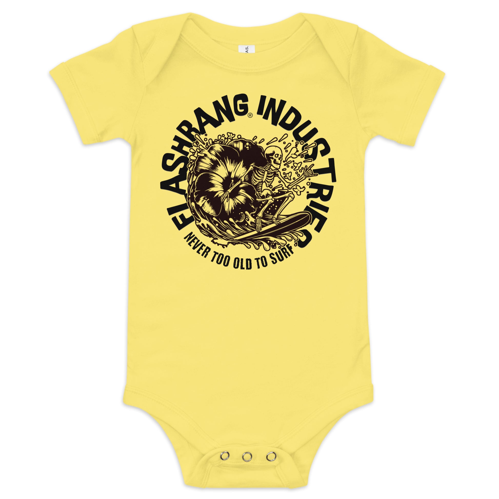 Yellow baby onesie with black graphic design and text on a white background