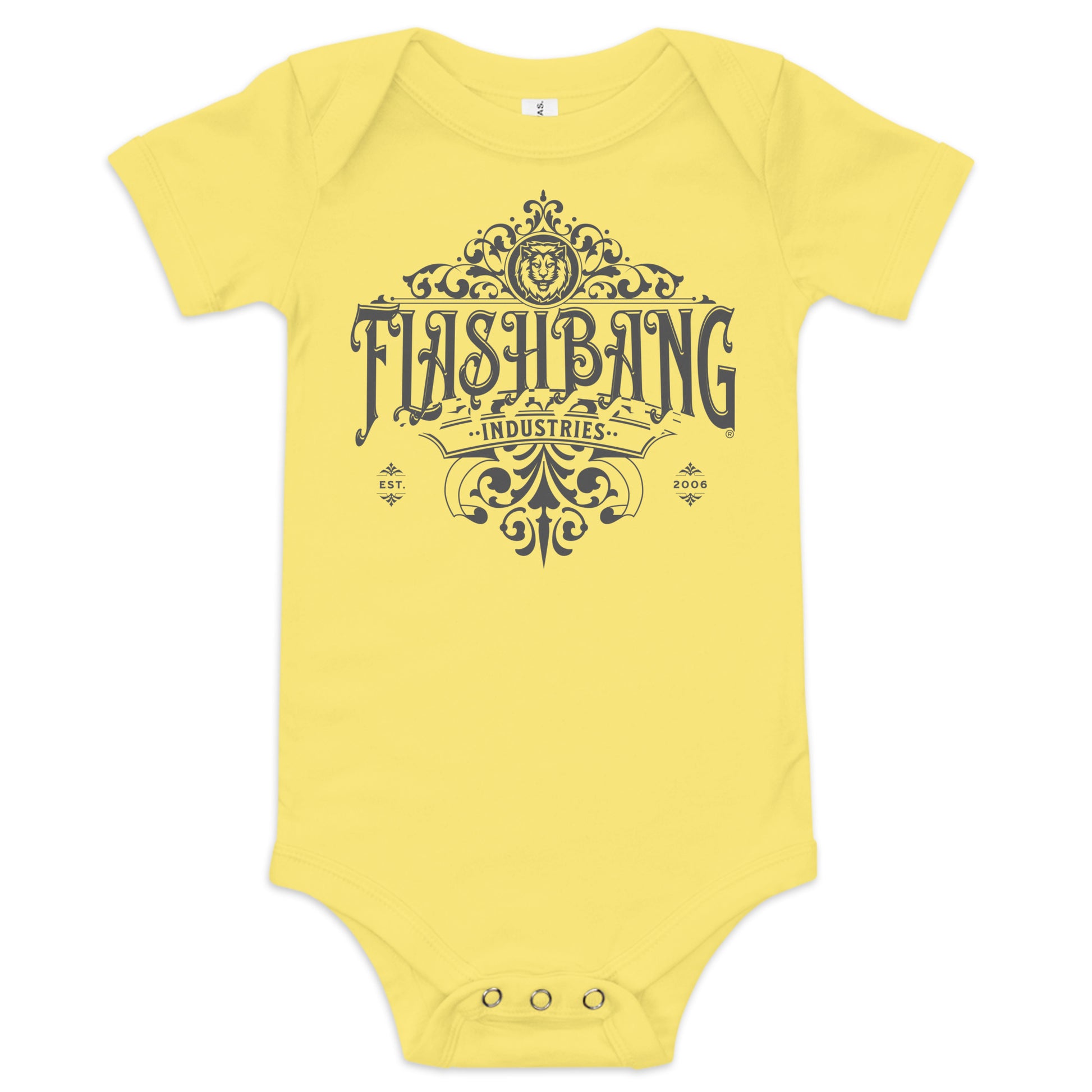 Yellow baby onesie with 'Flashbang Industries' text and design on a white background