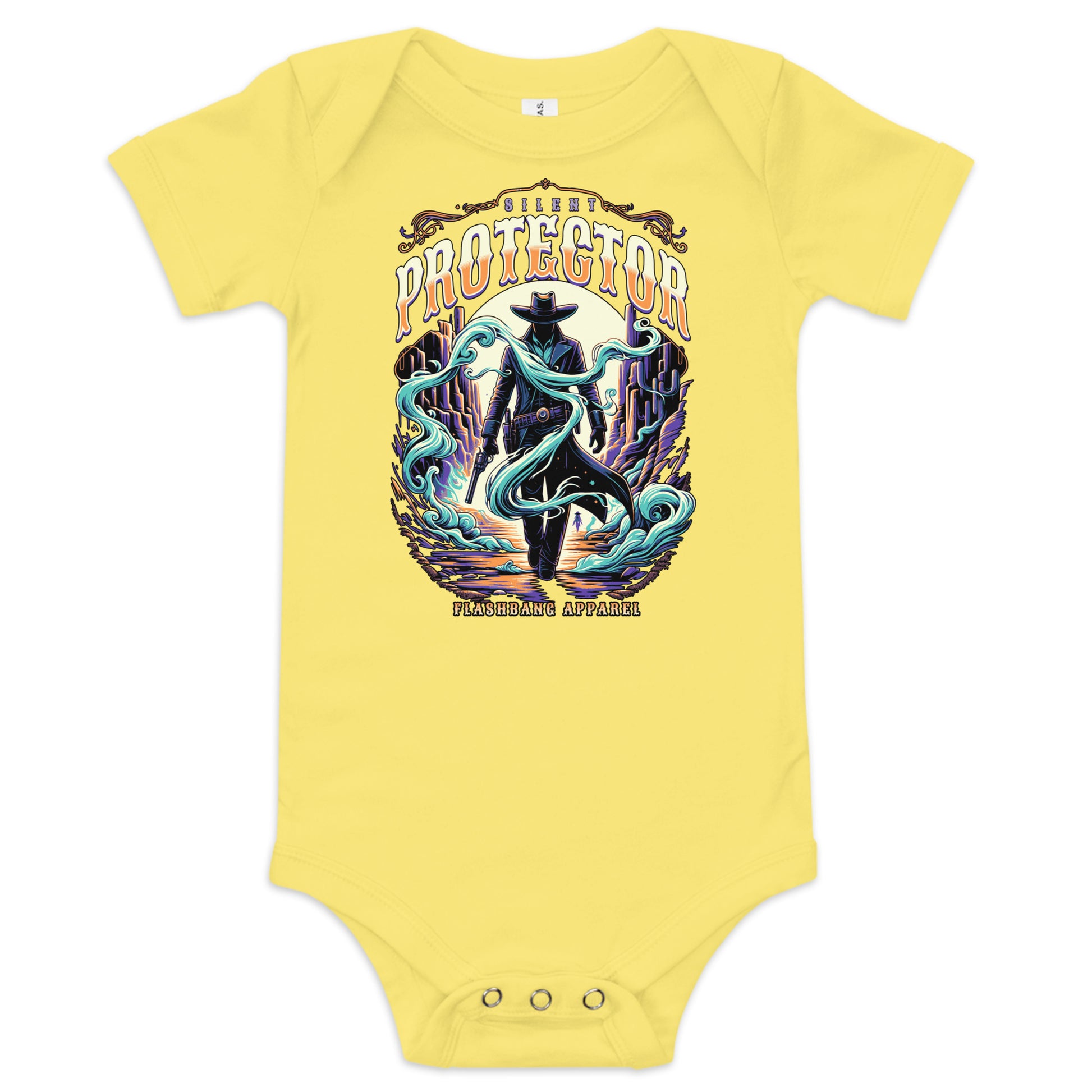 Yellow baby onesie with a graphic design of a cowboy and text on a white background