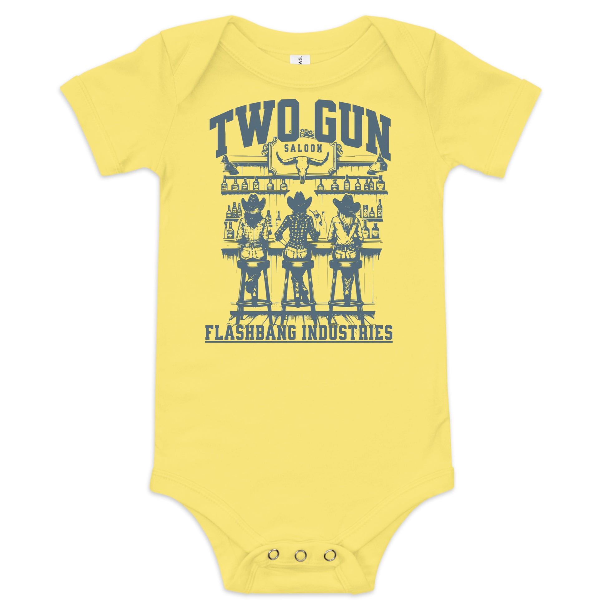 Yellow baby onesie with cowboy graphic and text on a white background