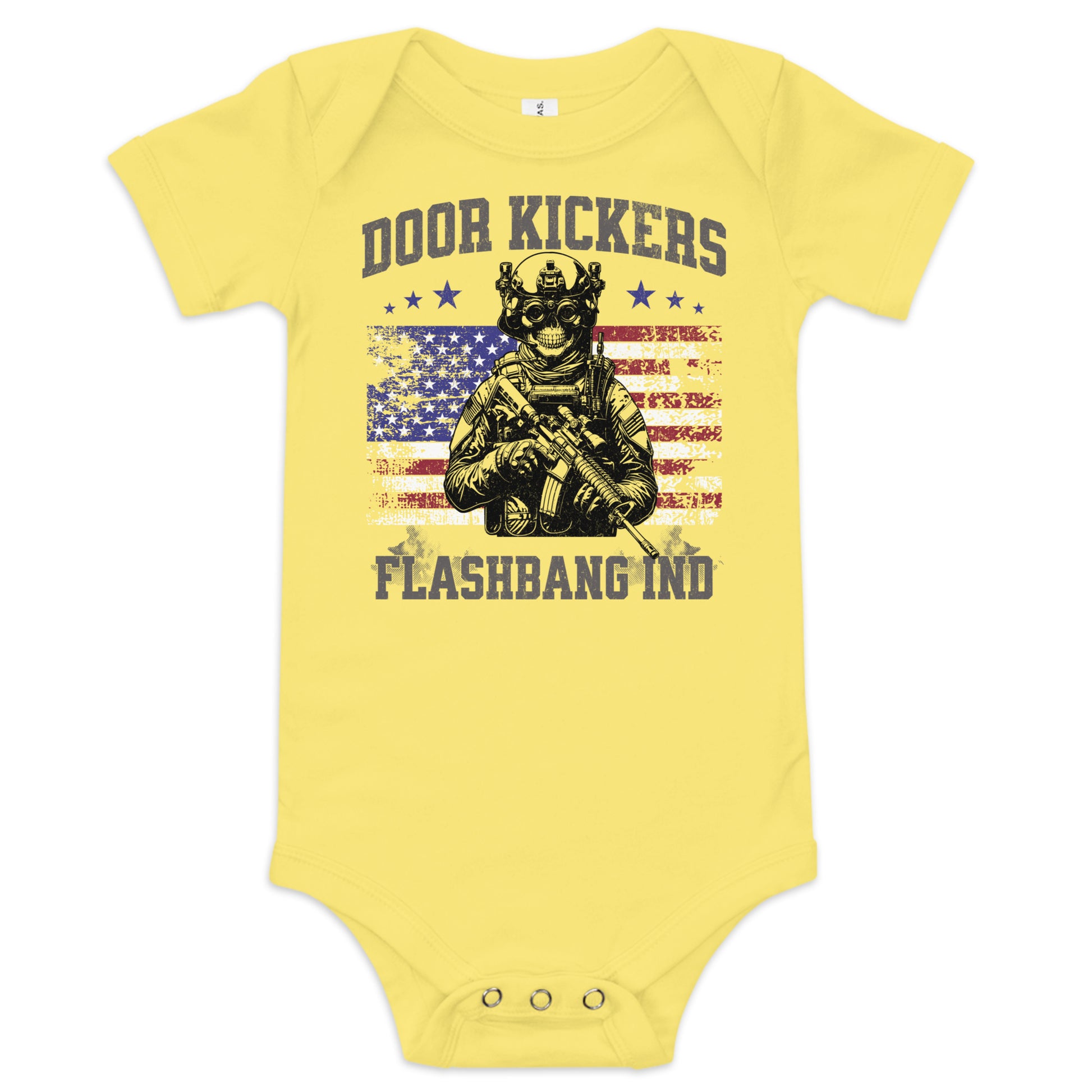 Yellow baby onesie with graphic design and text on a white background