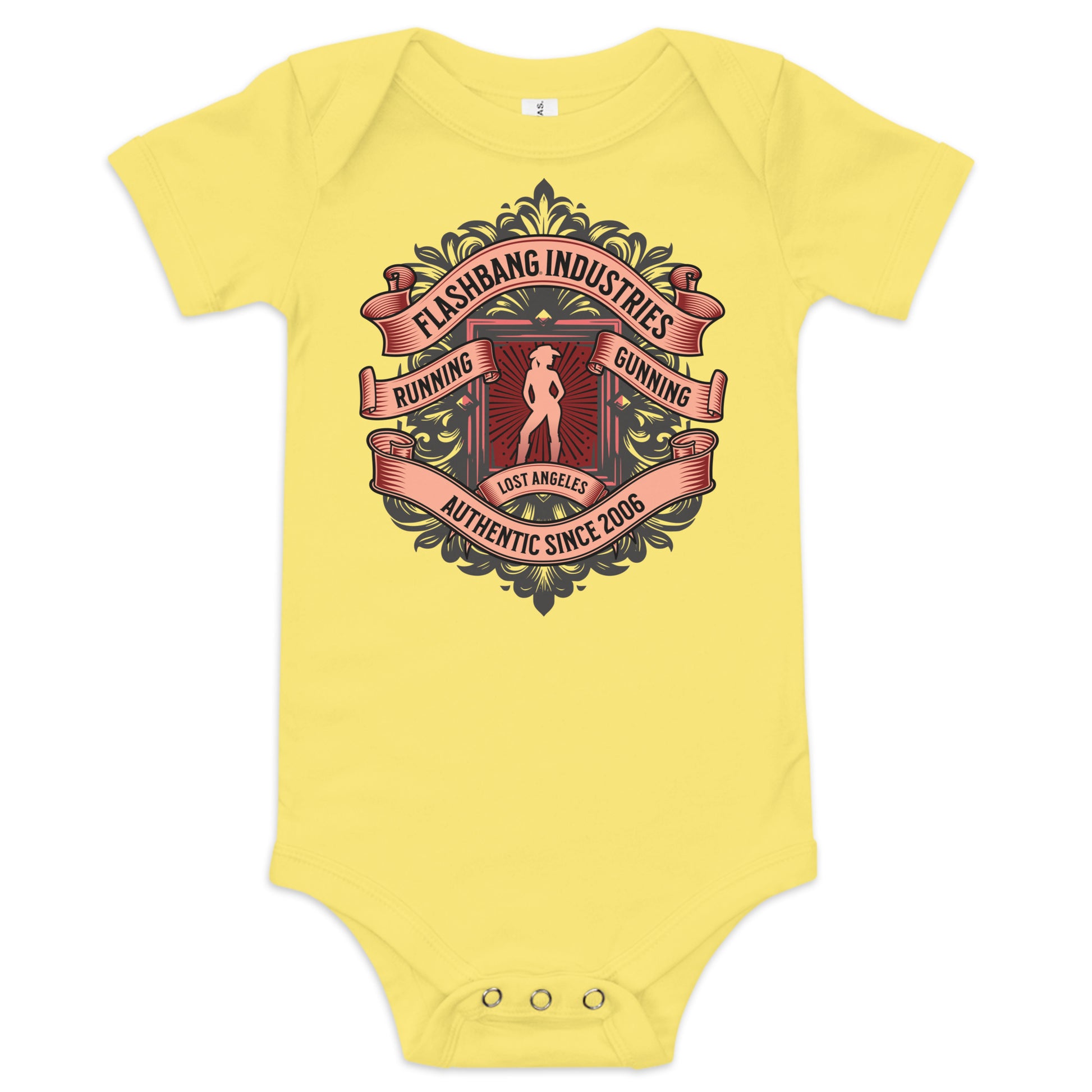 Yellow baby onesie with a graphic design on a white background