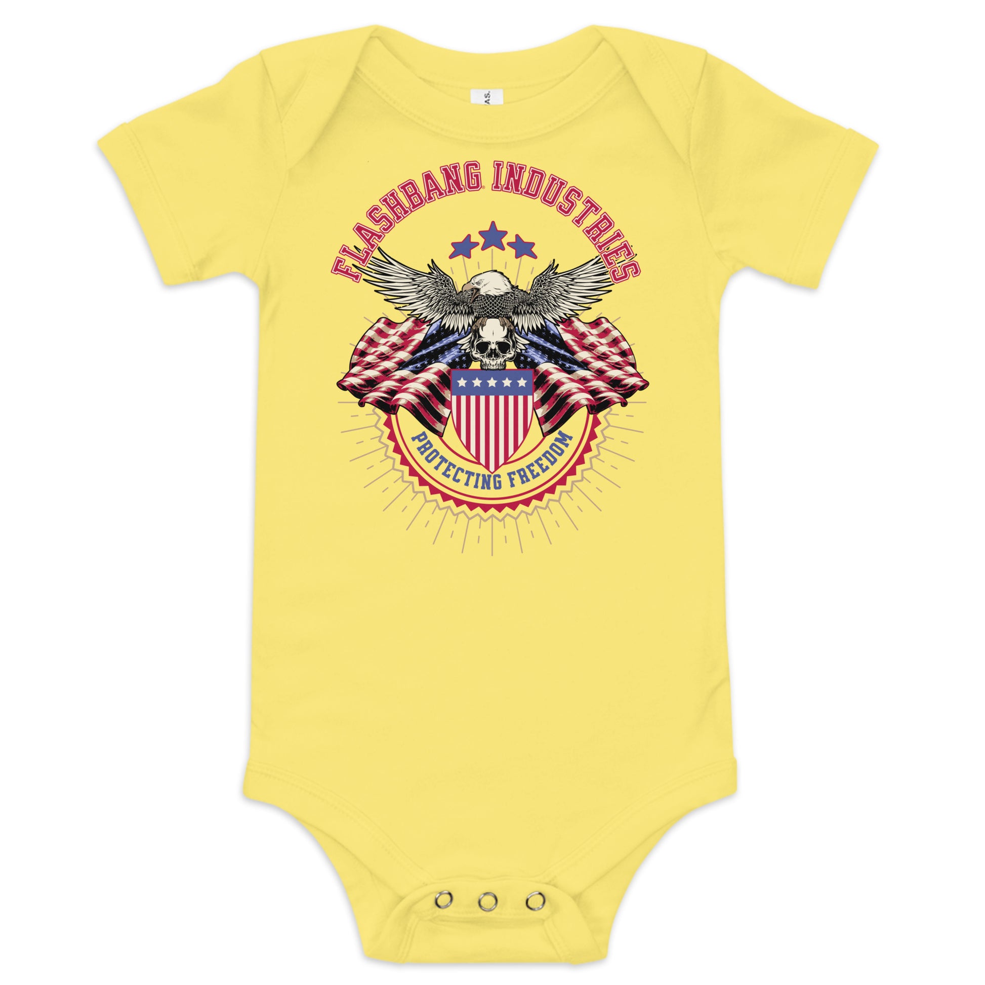Yellow baby onesie with an eagle, American flag, and text design on a white background