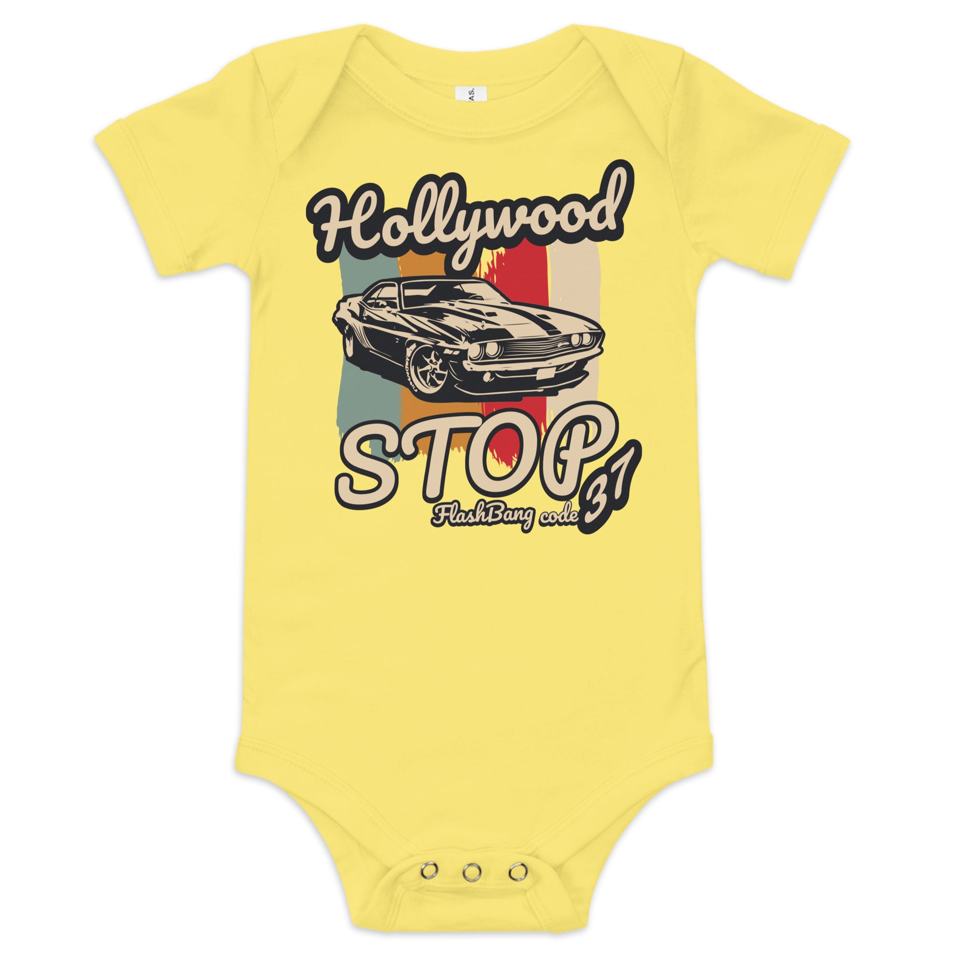 Yellow baby onesie with a car graphic and text on a white background
