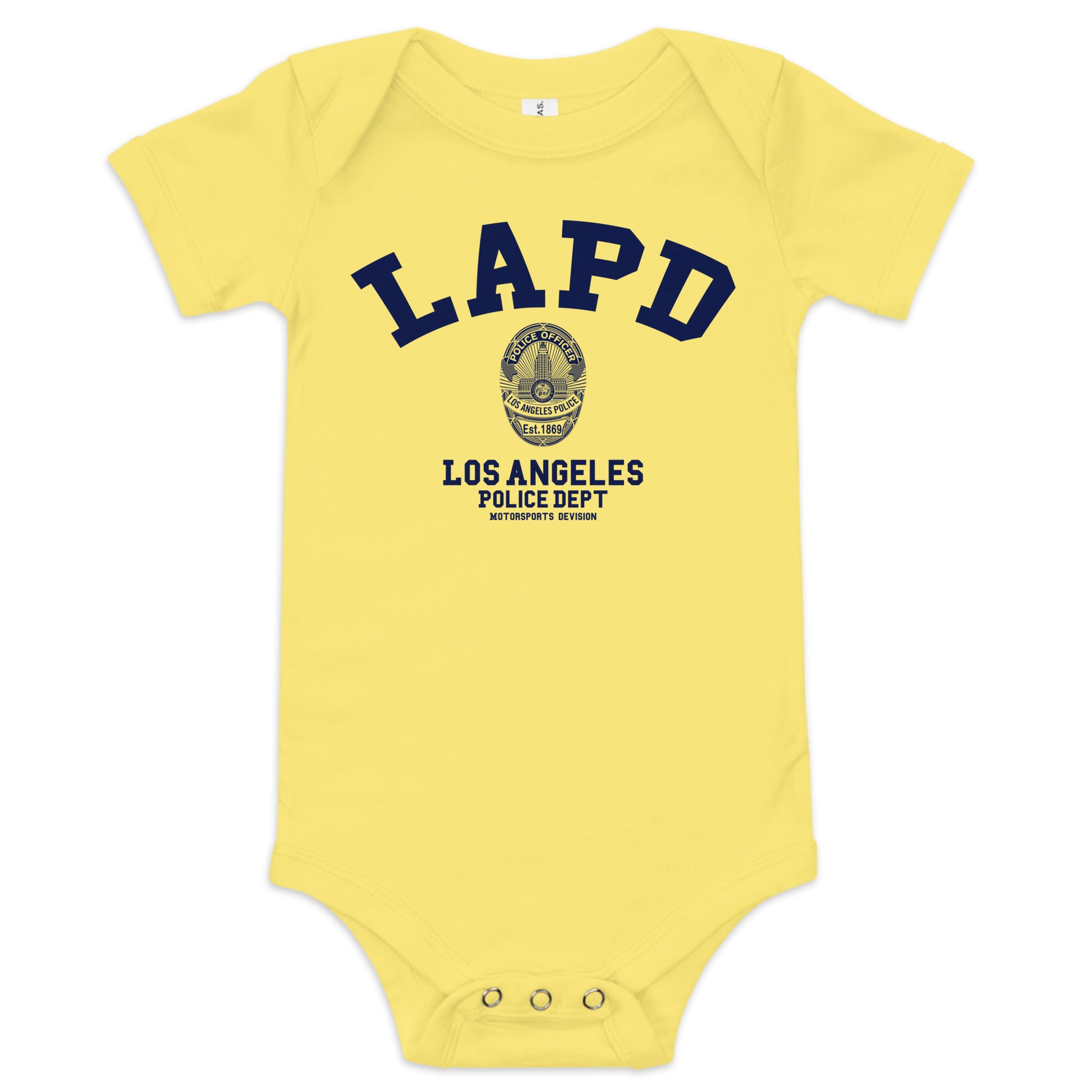 Yellow baby onesie with LAPD Los Angeles Police Dept print on a white background
