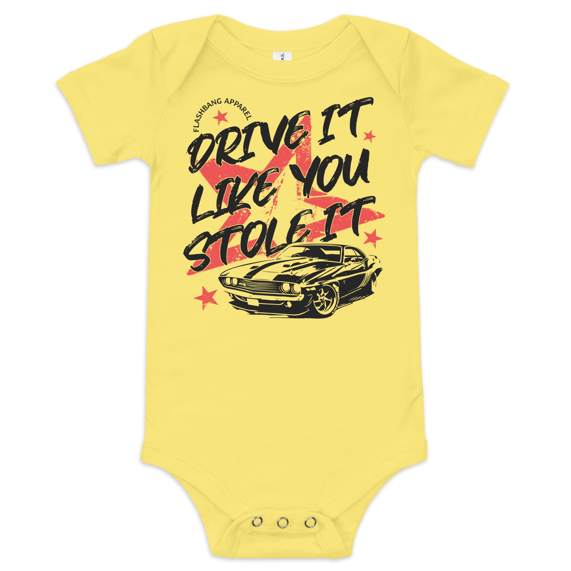 Yellow baby onesie with graphic design and text on a white background