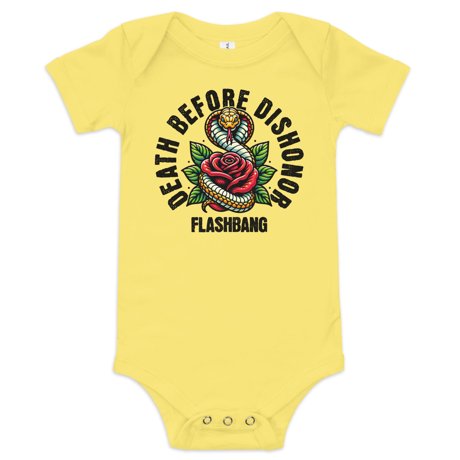 Yellow baby onesie with a graphic design and text on a white background