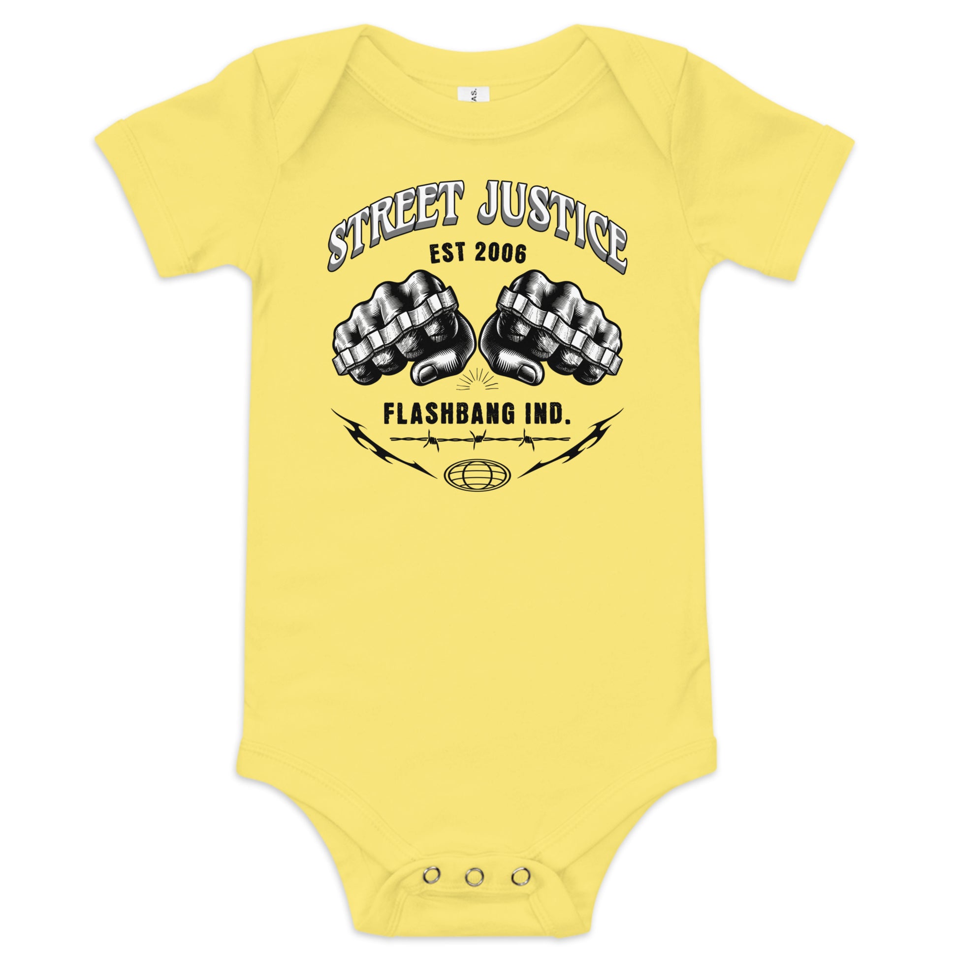 Yellow baby onesie with black graphic design and text on a white background