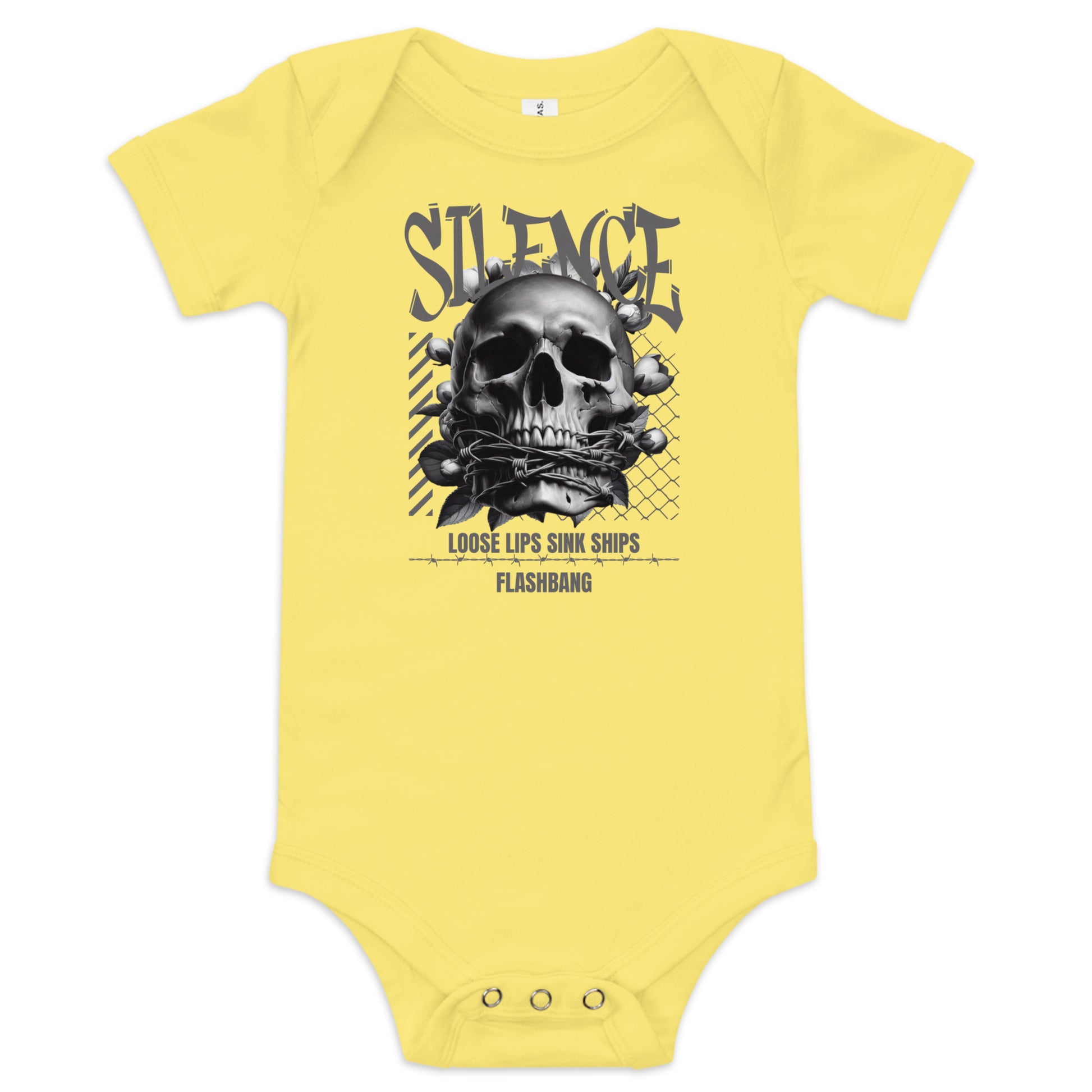 Yellow baby onesie with a skull graphic and text on a white background