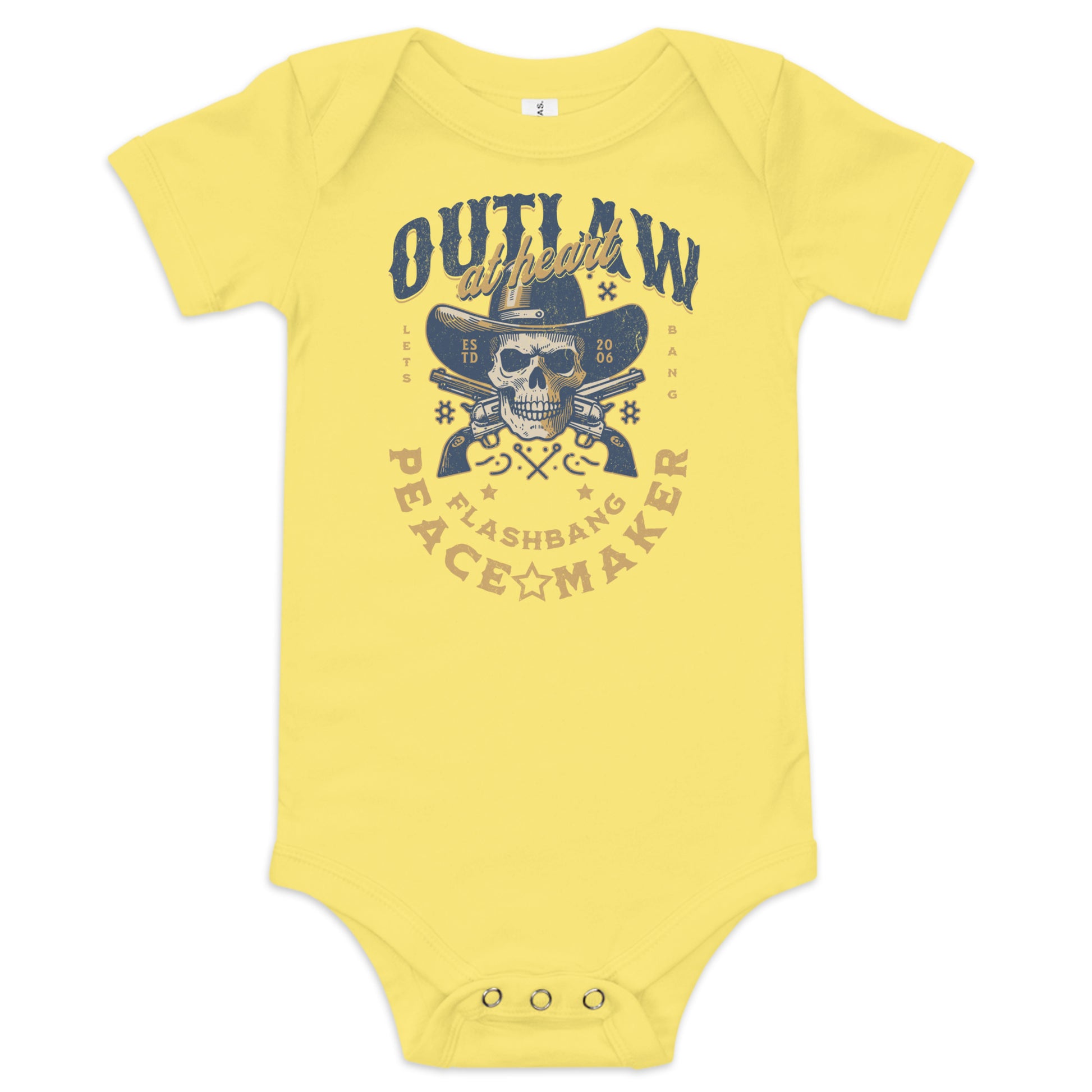 Yellow baby onesie with a skull and crossbones design and text on a white background
