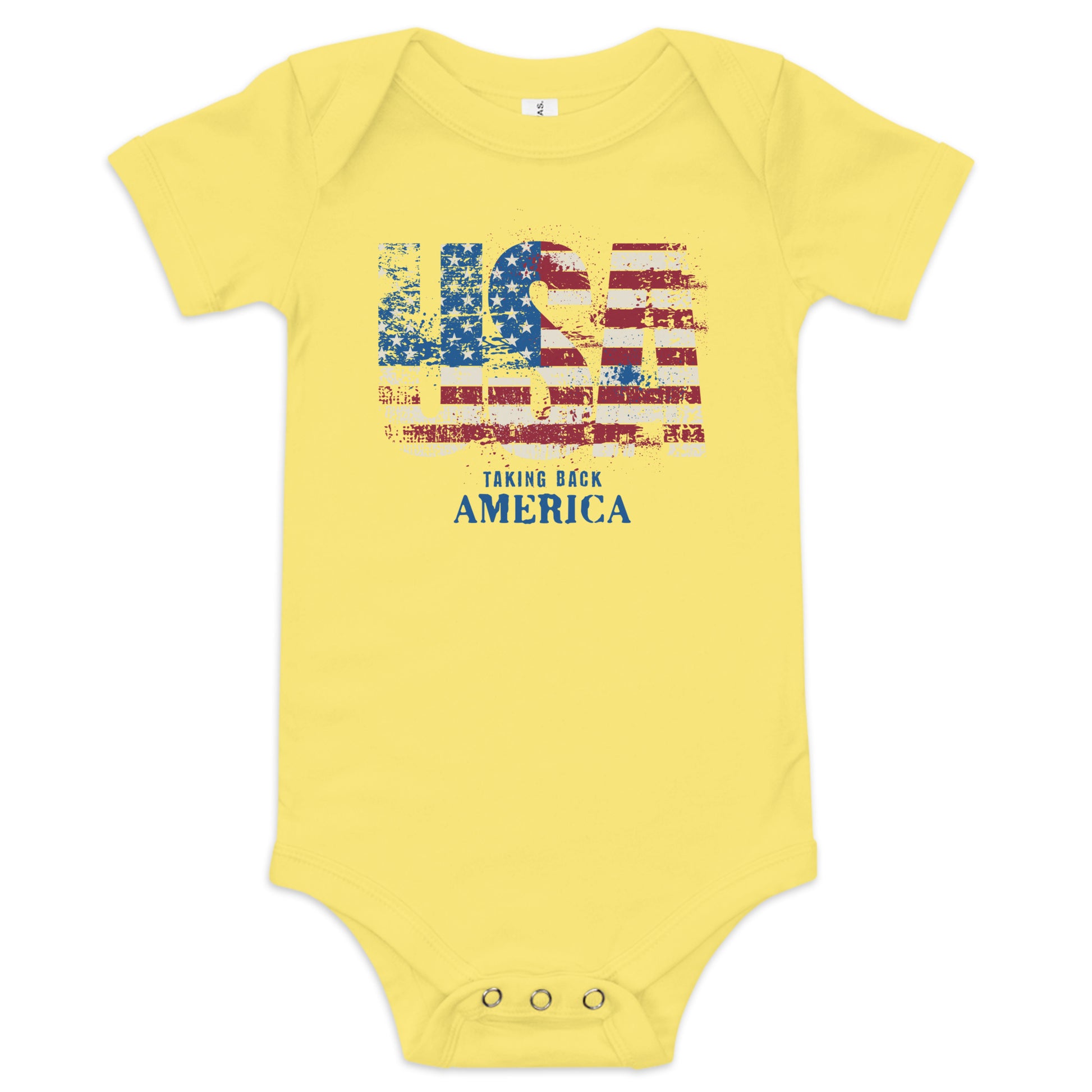 Yellow baby onesie with American flag design and text on a white background