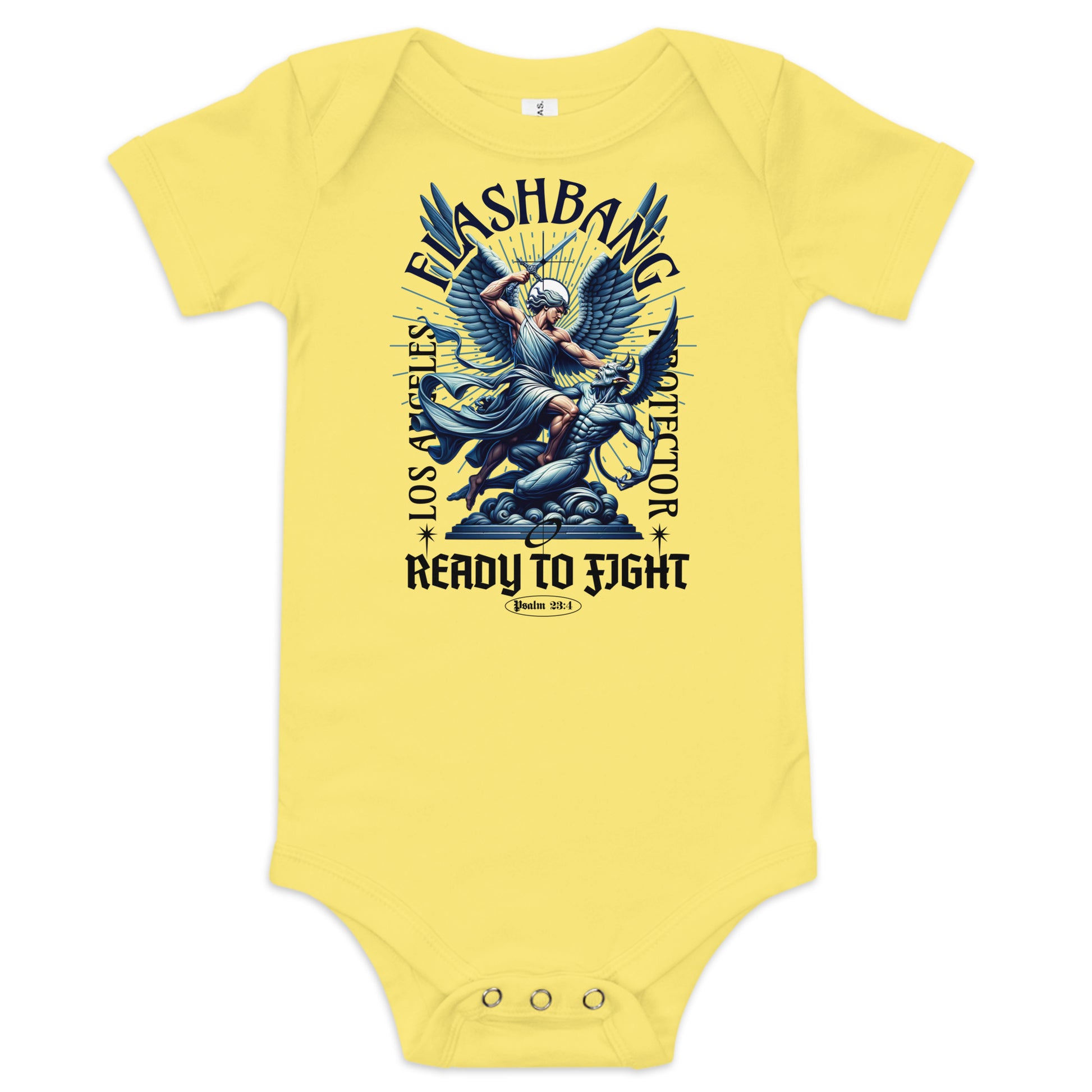 Yellow baby onesie with graphic design and text on a white background