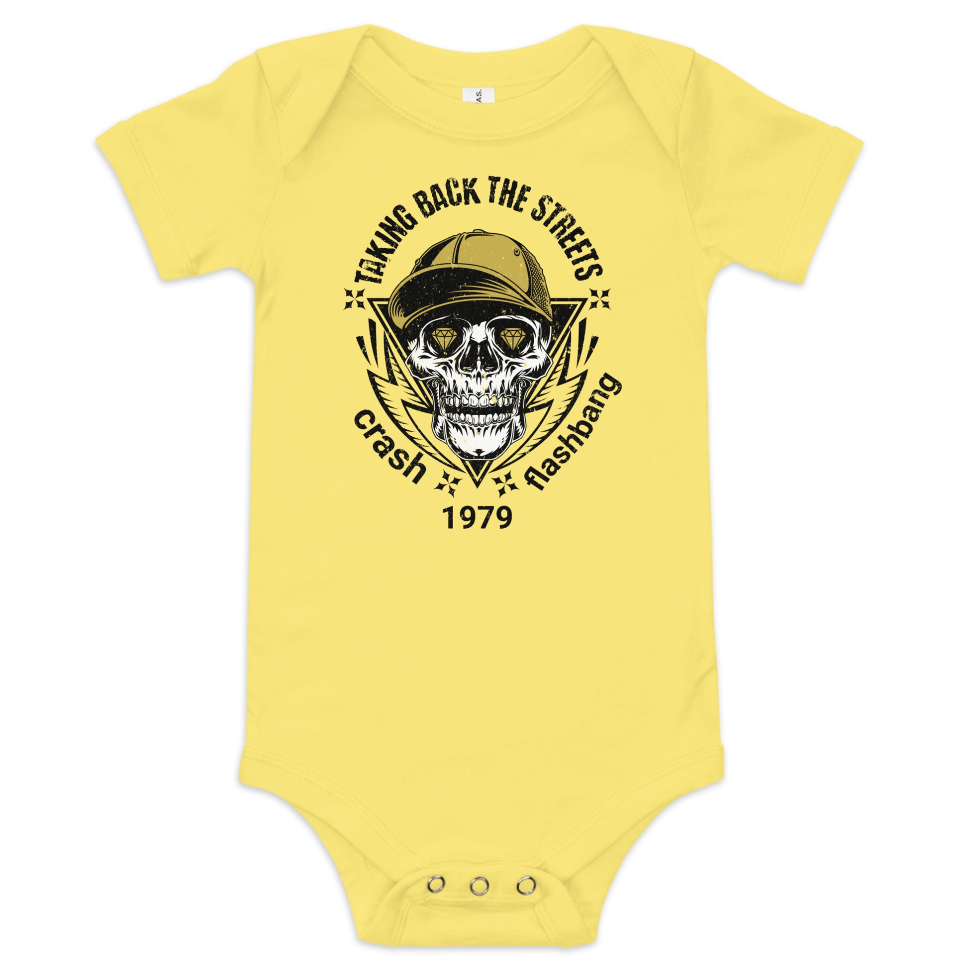 Yellow baby onesie with a skull graphic and text on a white background
