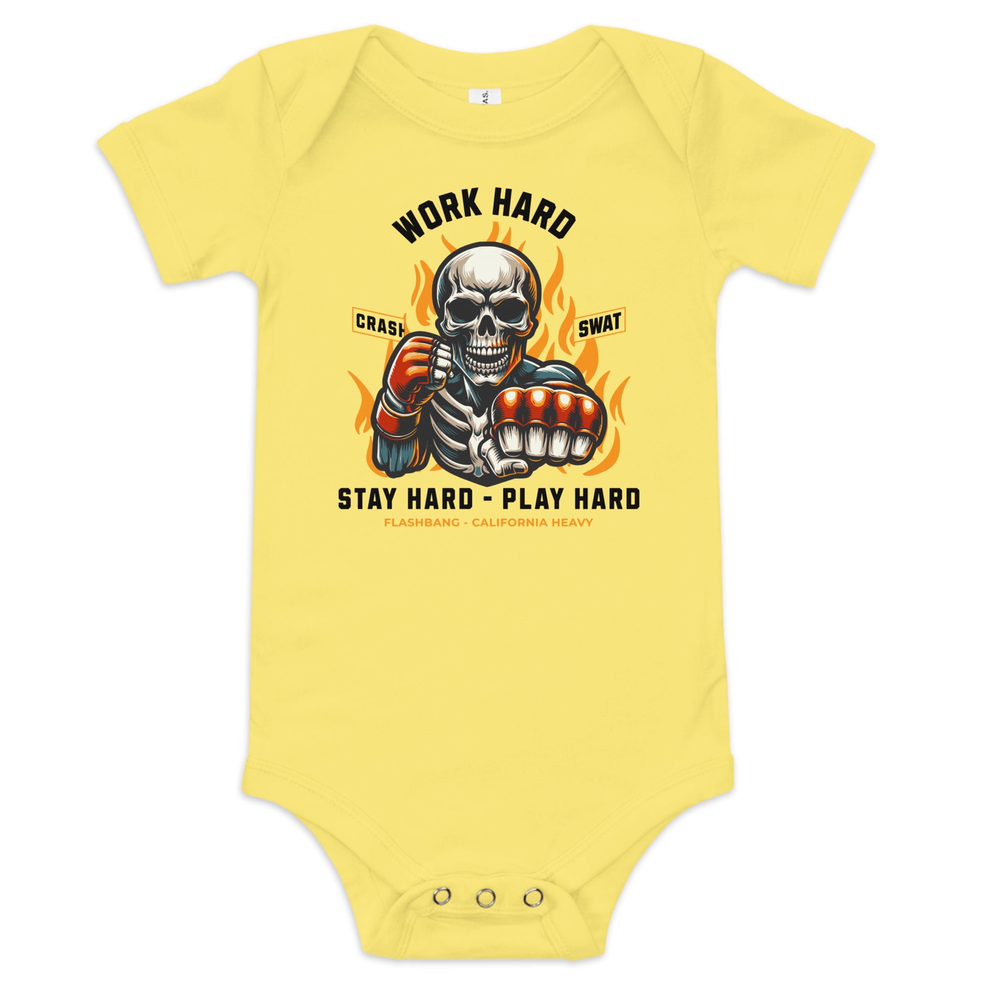 Yellow baby onesie with a graphic design featuring a skeleton and text on a white background