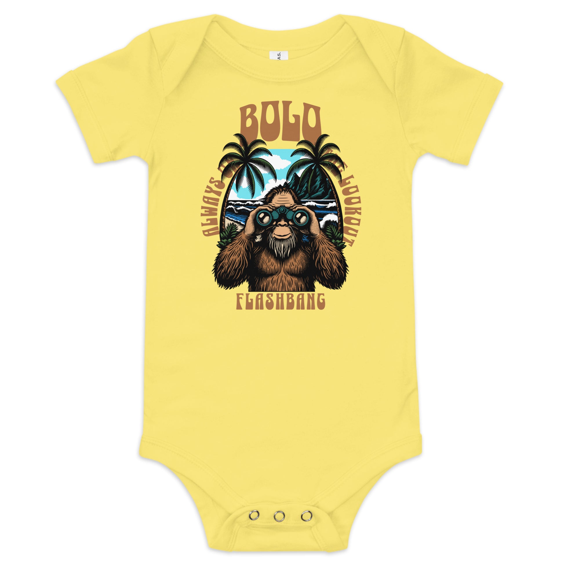 Yellow baby onesie with a graphic design of a bear and text on a white background