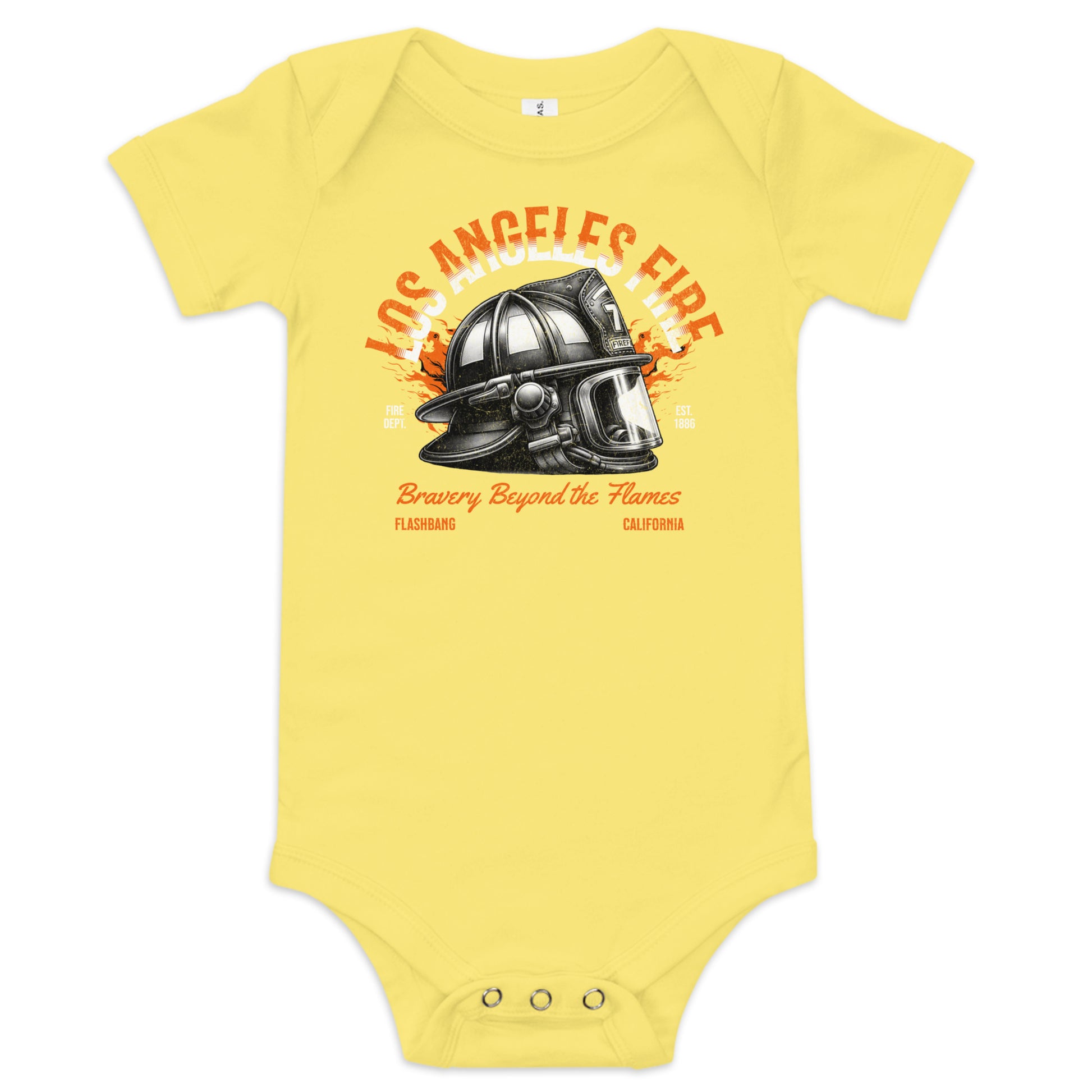 Yellow baby onesie with a fire helmet graphic and text on a white background
