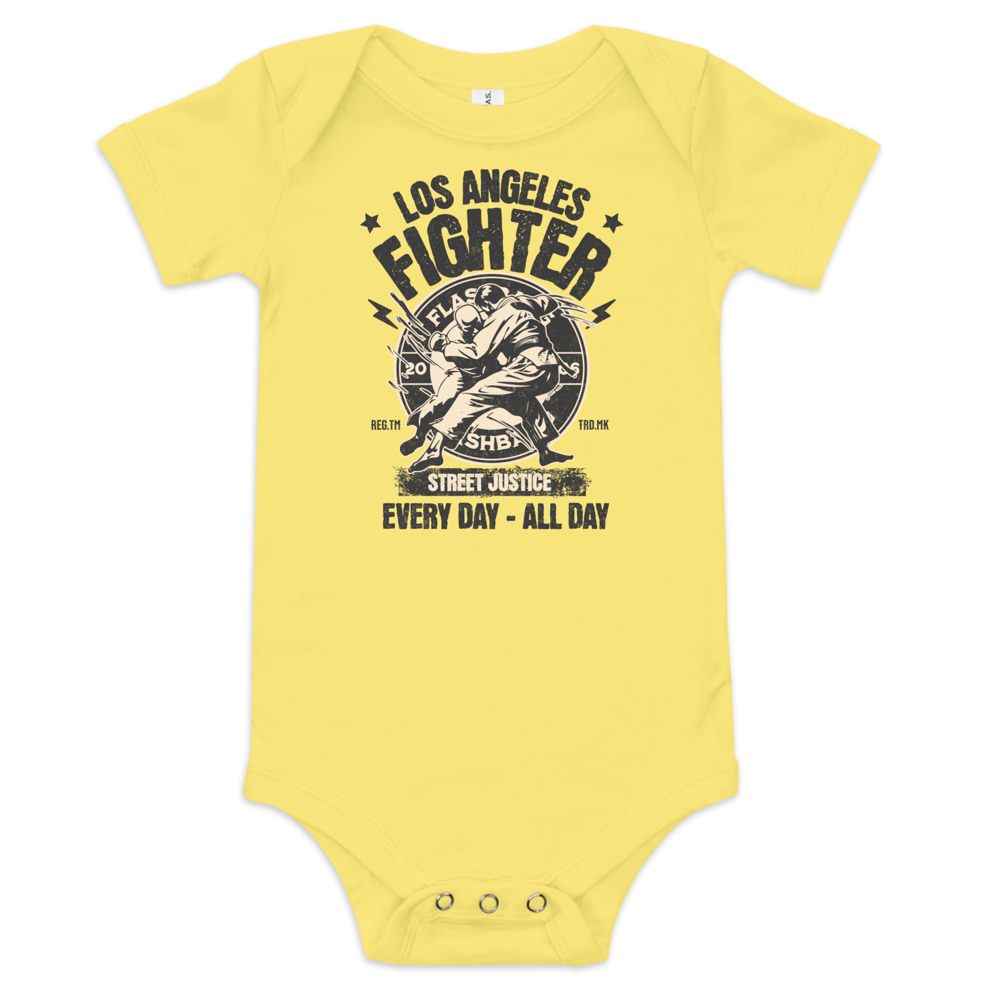 Yellow baby onesie with 'Los Angeles Fighter' graphic design on a white background