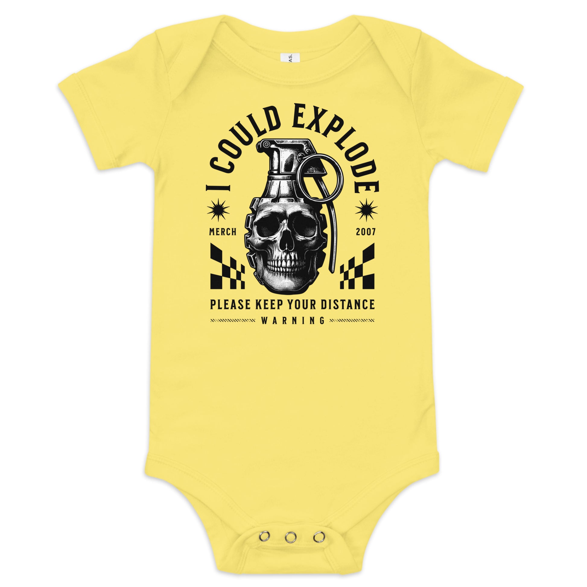 Yellow baby onesie with a graphic design featuring a skull and grenade on a white background
