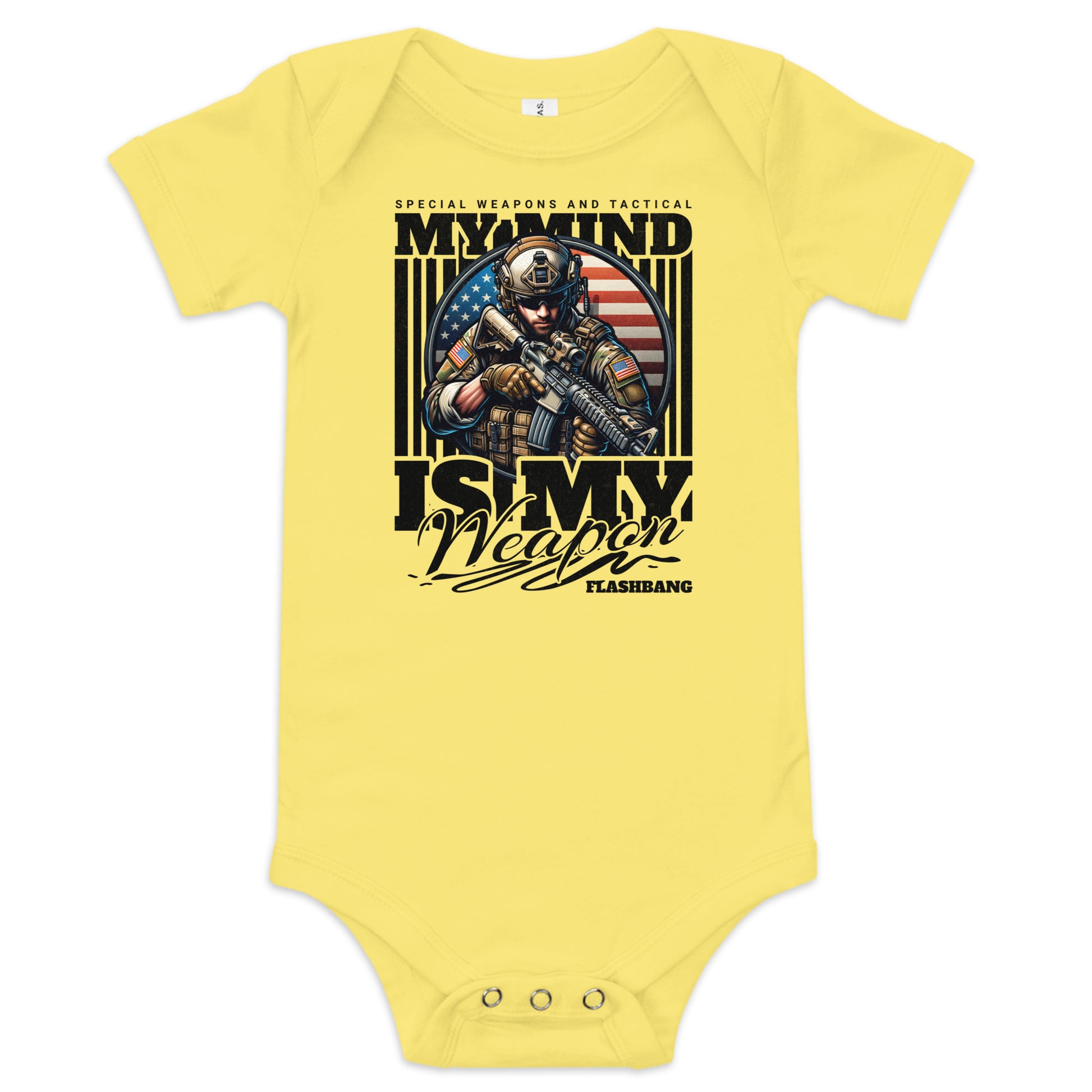 Yellow baby onesie with graphic design and text on a white background