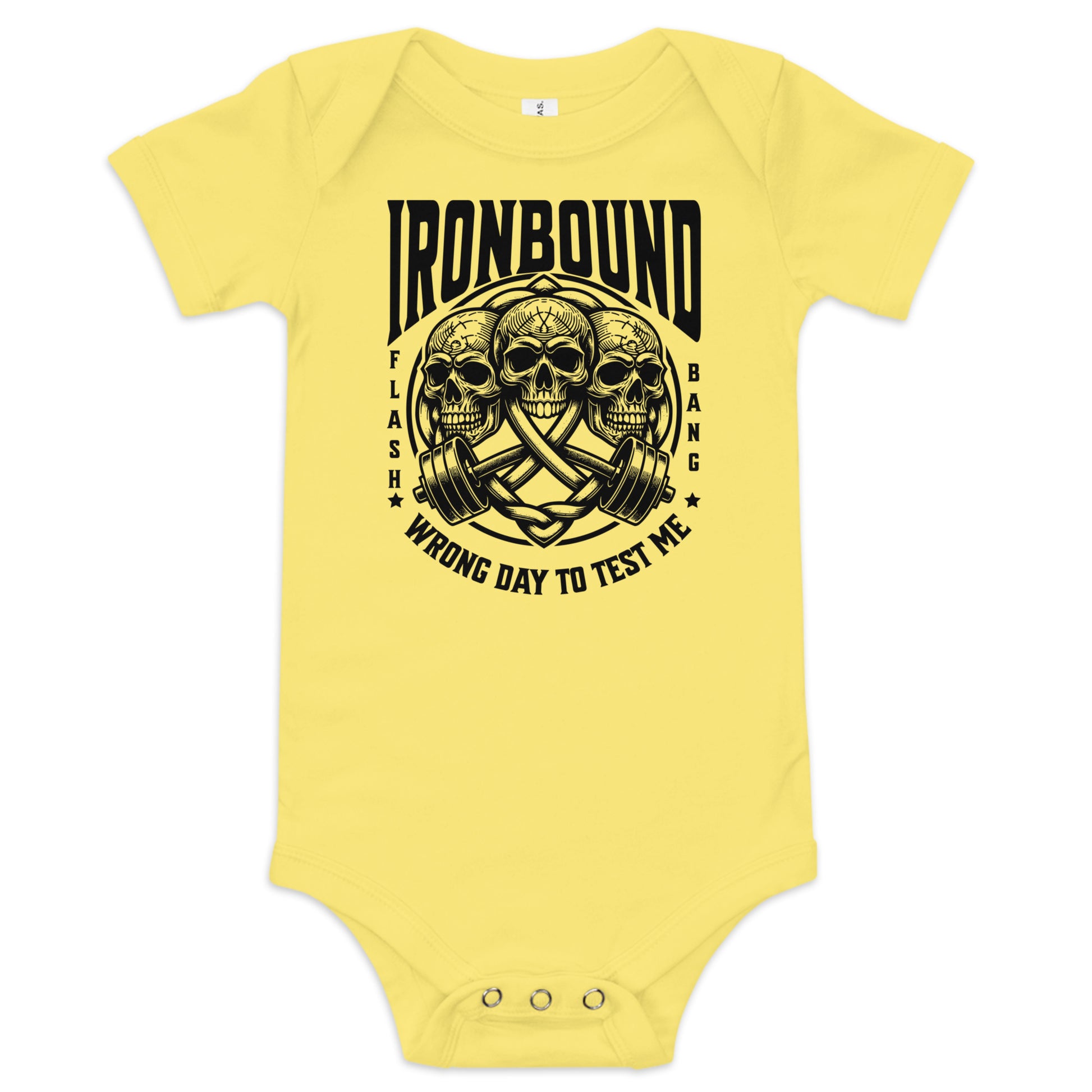 Yellow baby onesie with black graphic design and text on a white background