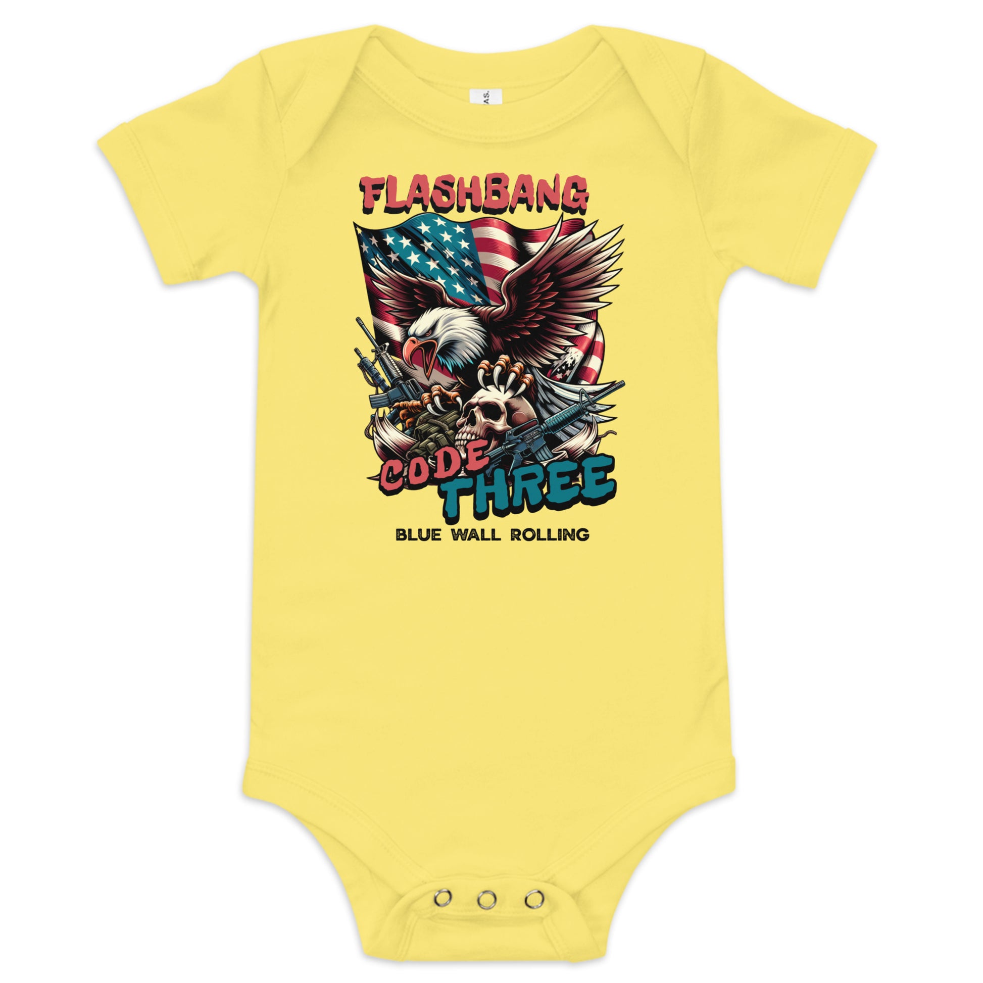 Yellow baby onesie with graphic design and text on a white background
