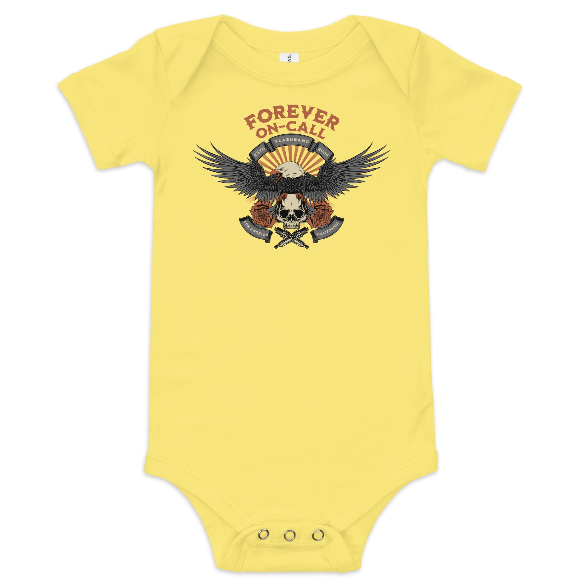 Yellow baby onesie with an eagle and text design on a white background