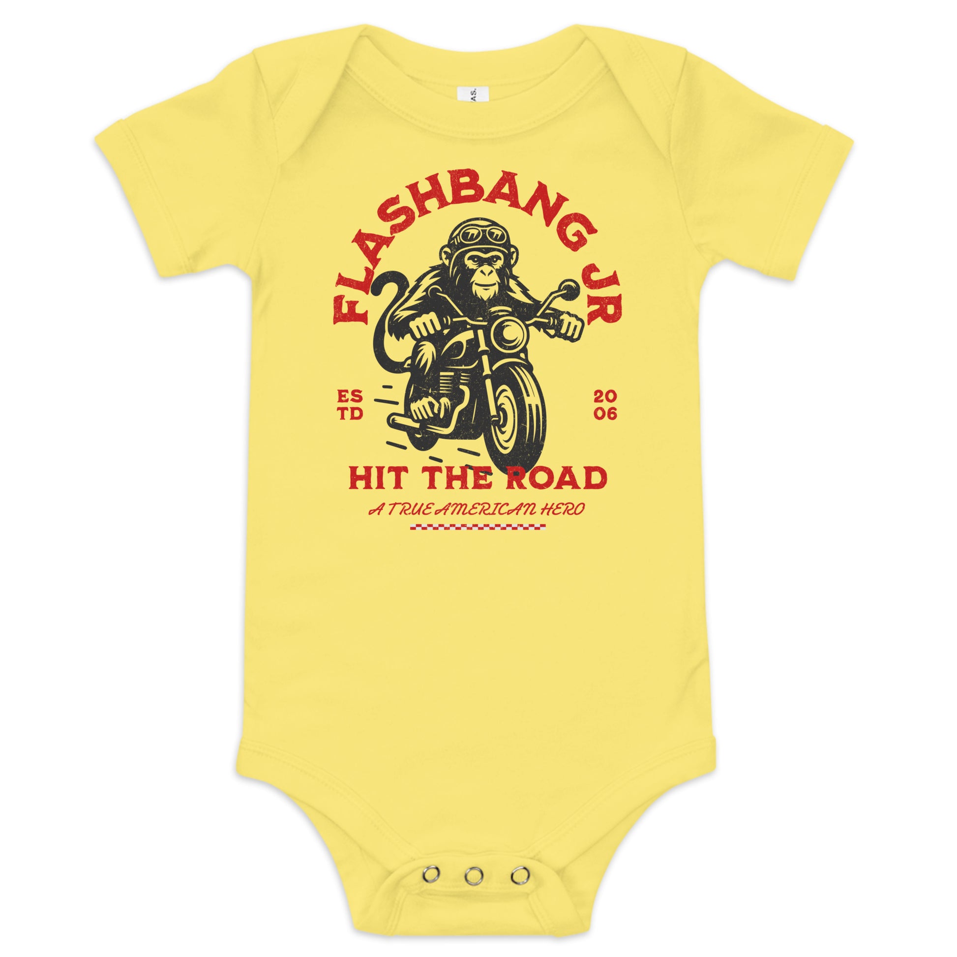 Yellow baby onesie with 'Flashbang Jr' monkey on a motorcycle graphic design.