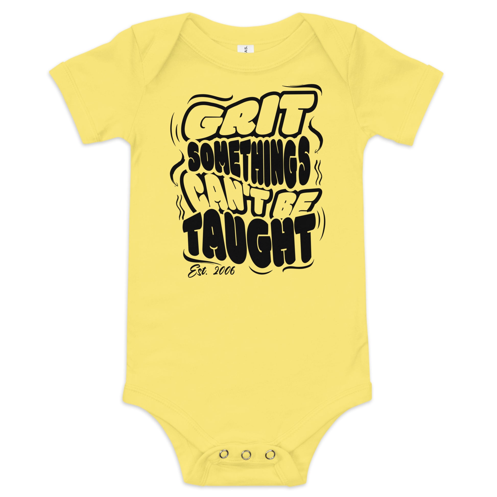 Yellow baby onesie with black text on a white background