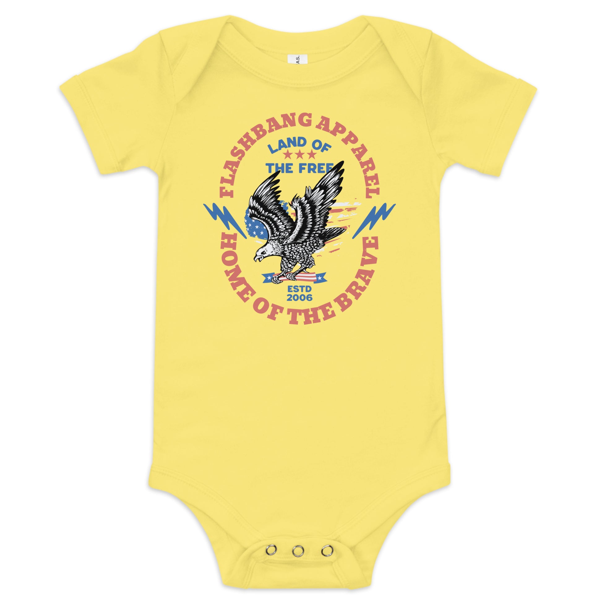 Yellow baby onesie with an eagle graphic and text on a white background