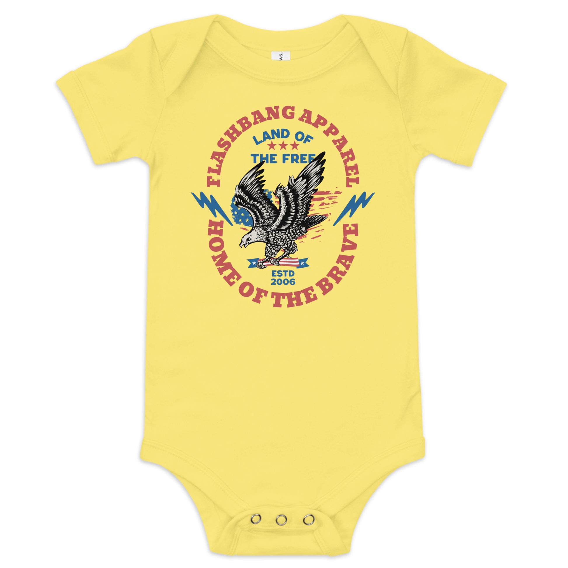 Yellow baby onesie with an eagle graphic and text on a white background