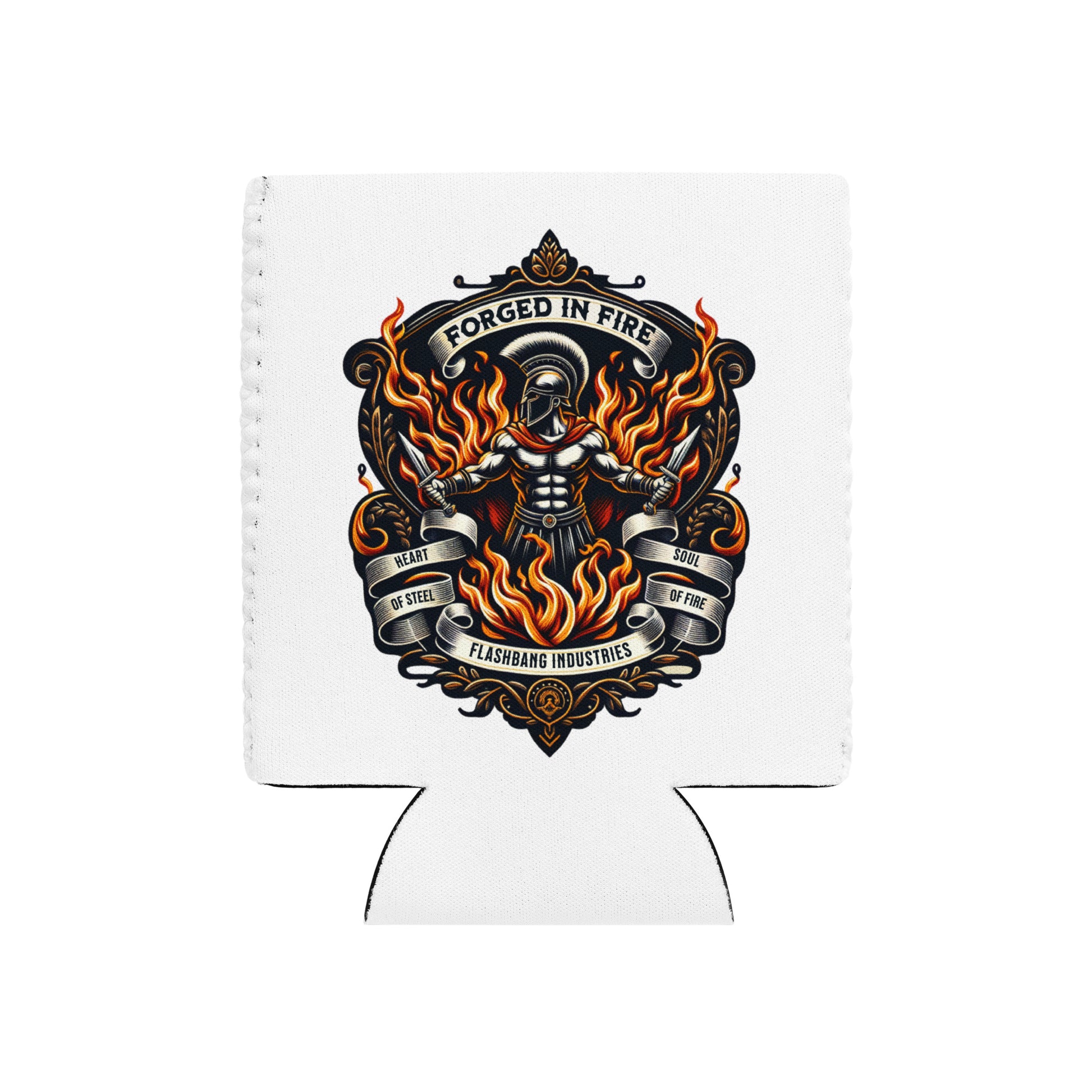 White can cooler with black and orange graphic design on a white background