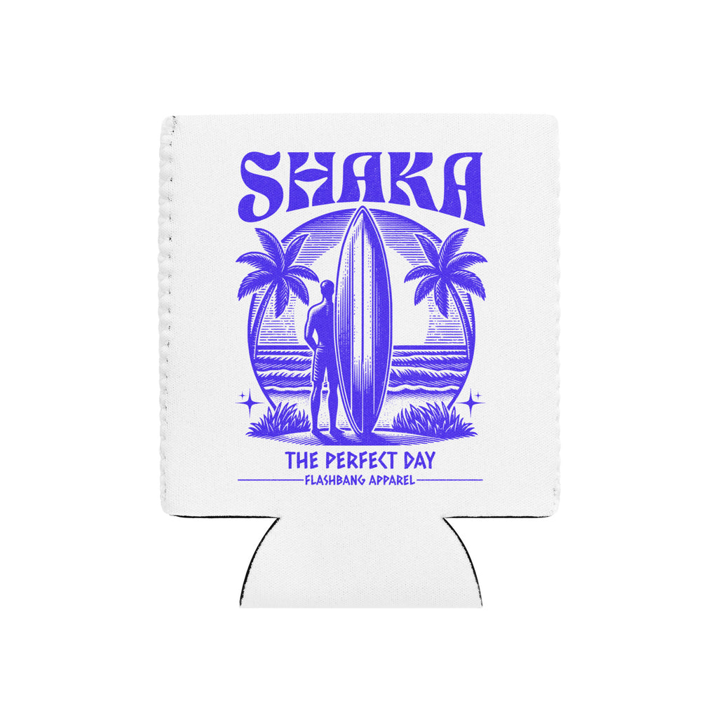 White can cooler with purple 'Shaka' design featuring a surfer and palm trees on a white background.
